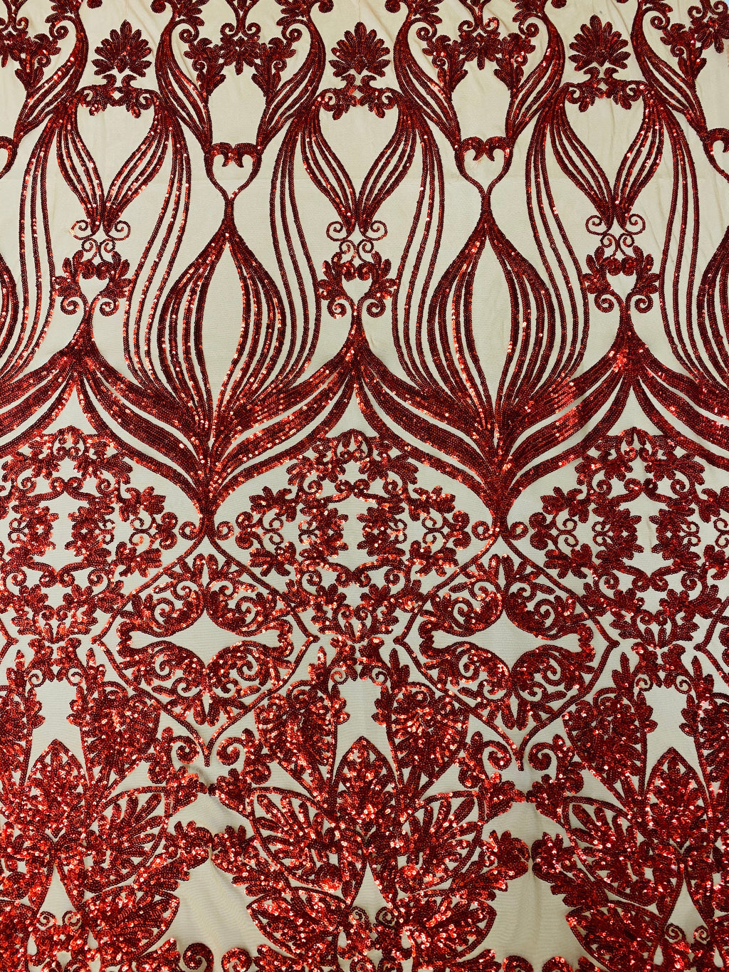 Damask Hearts Sequins - Dark Red - 4 Way Stretch Design Fancy Fabric On Mesh