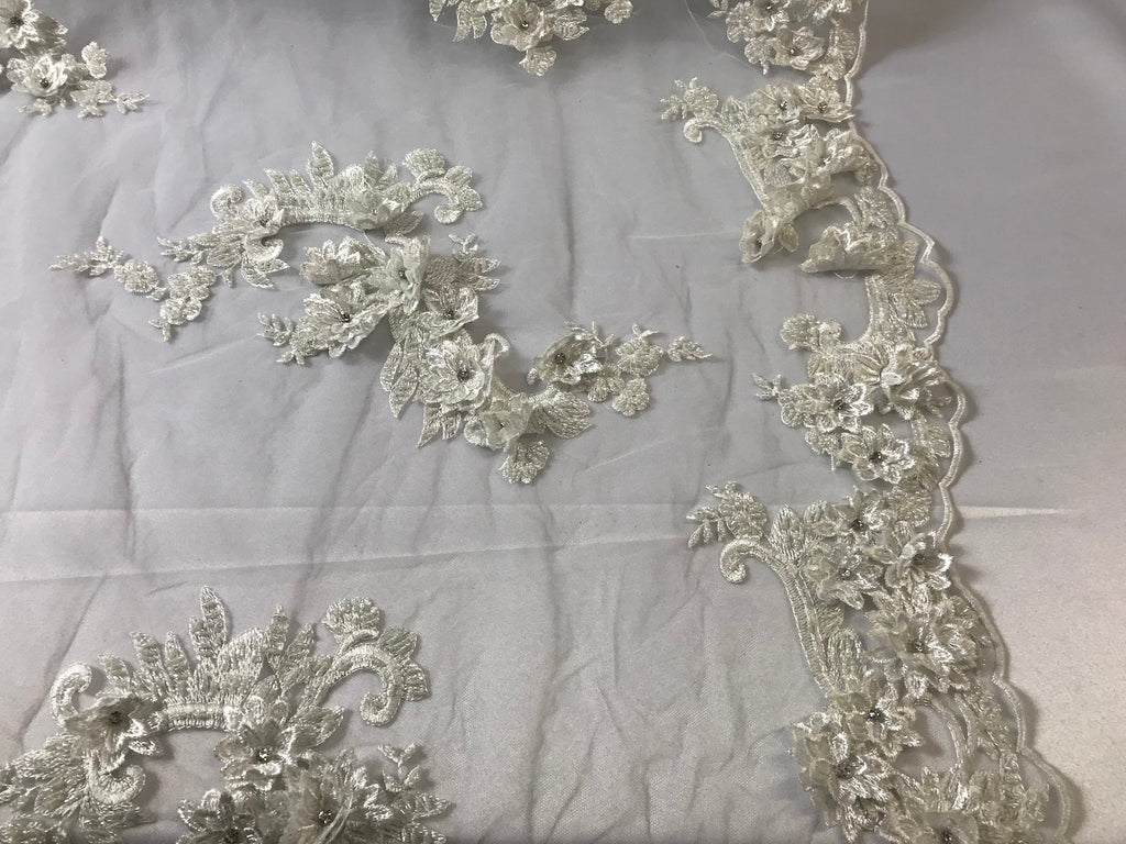 Floral - Off-White - 3D Beaded Embroidery Fabric with Rhinestones - Beautiful Design by The Yard