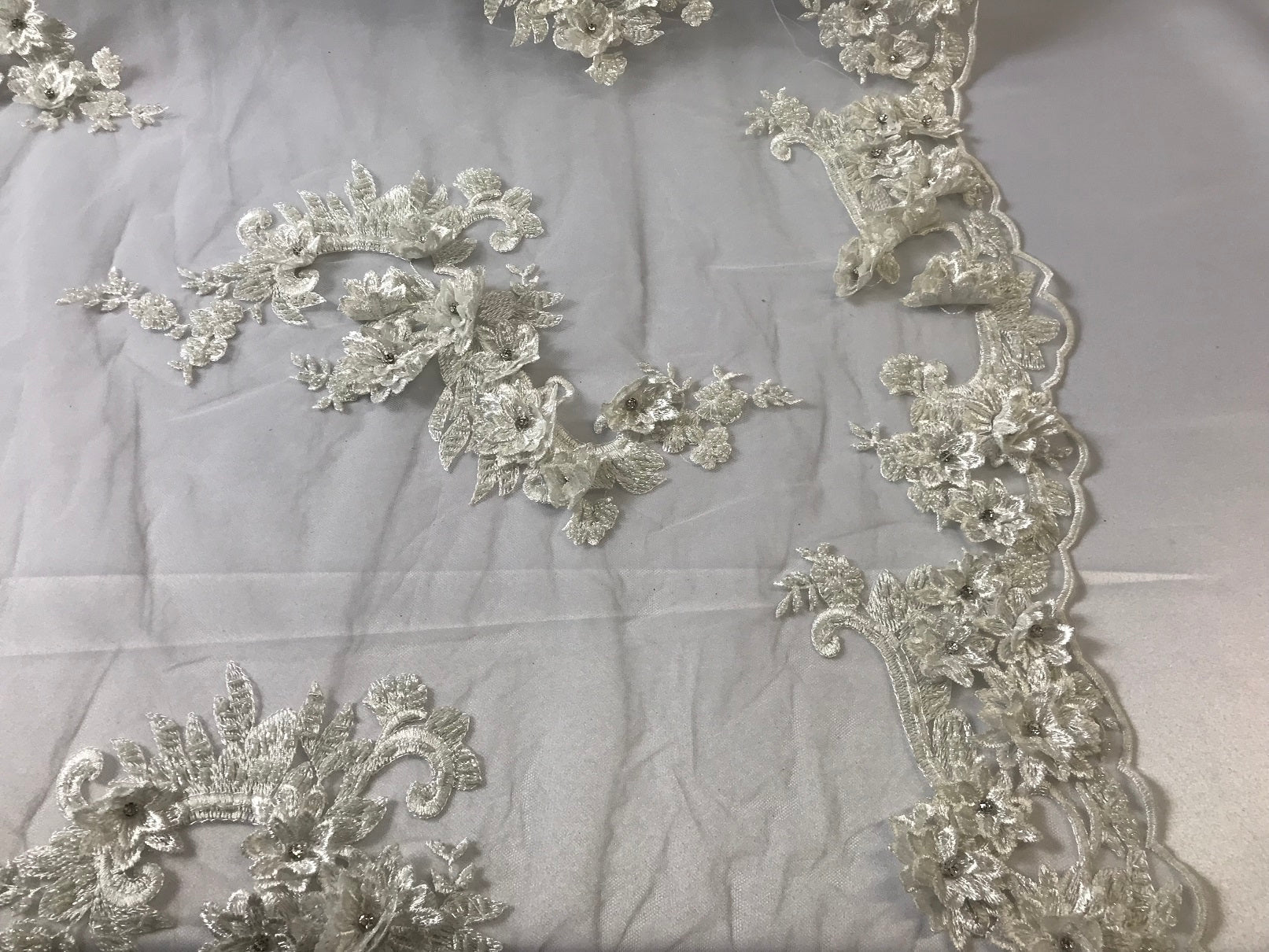 Floral - Off-White - 3D Beaded Embroidery Fabric with Rhinestones - Beautiful Design by The Yard