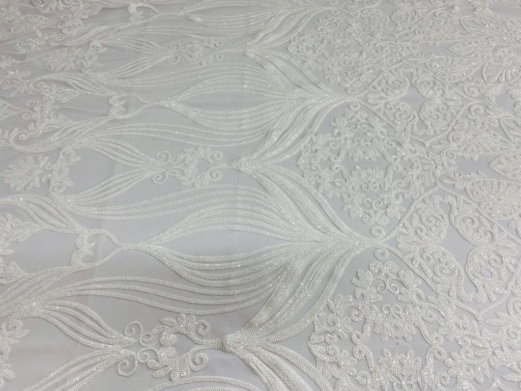 Damask Hearts Sequins - White - 4 Way Stretch Design Fancy Heart Shape Fabric On Mesh
