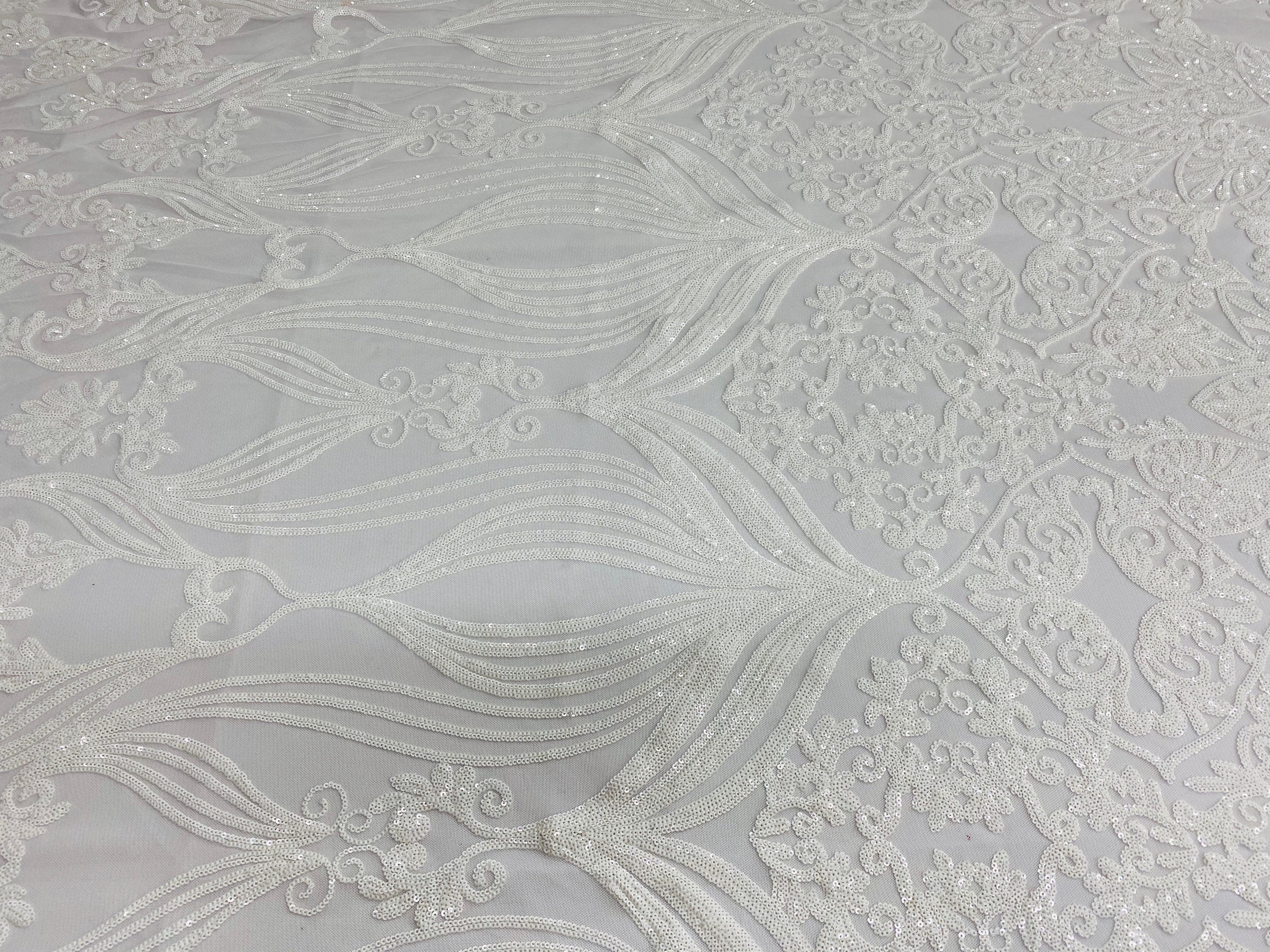 Damask Hearts Sequins - White - 4 Way Stretch Design Fancy Heart Shape Fabric On Mesh