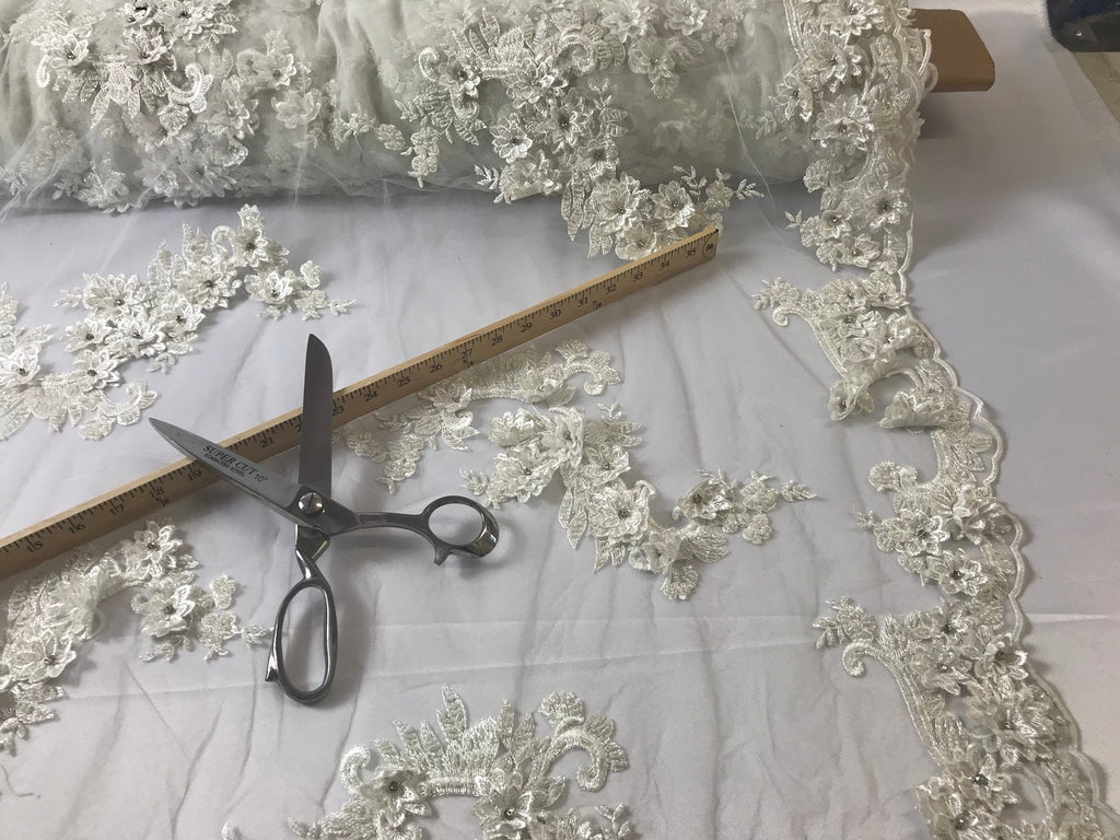 Floral - Off-White - 3D Beaded Embroidery Fabric with Rhinestones - Beautiful Design by The Yard