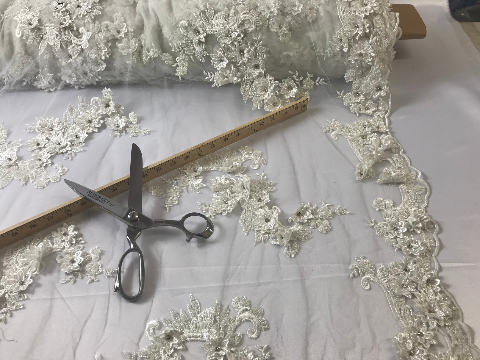 Floral - Off-White - 3D Beaded Embroidery Fabric with Rhinestones - Beautiful Design by The Yard