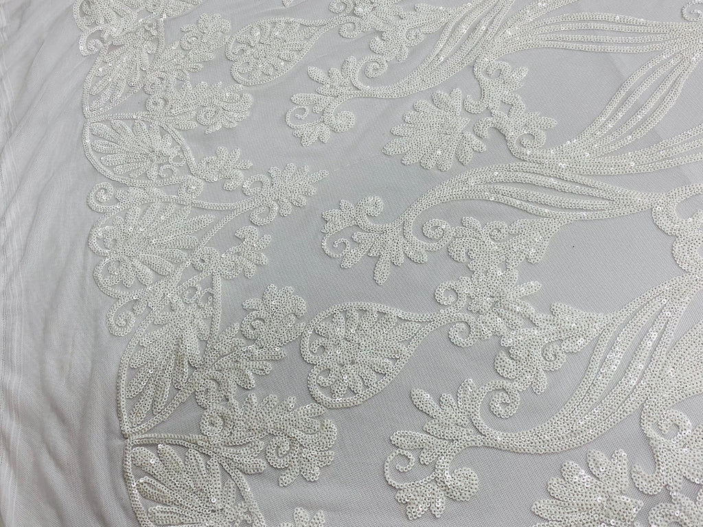 Damask Hearts Sequins - White - 4 Way Stretch Design Fancy Heart Shape Fabric On Mesh