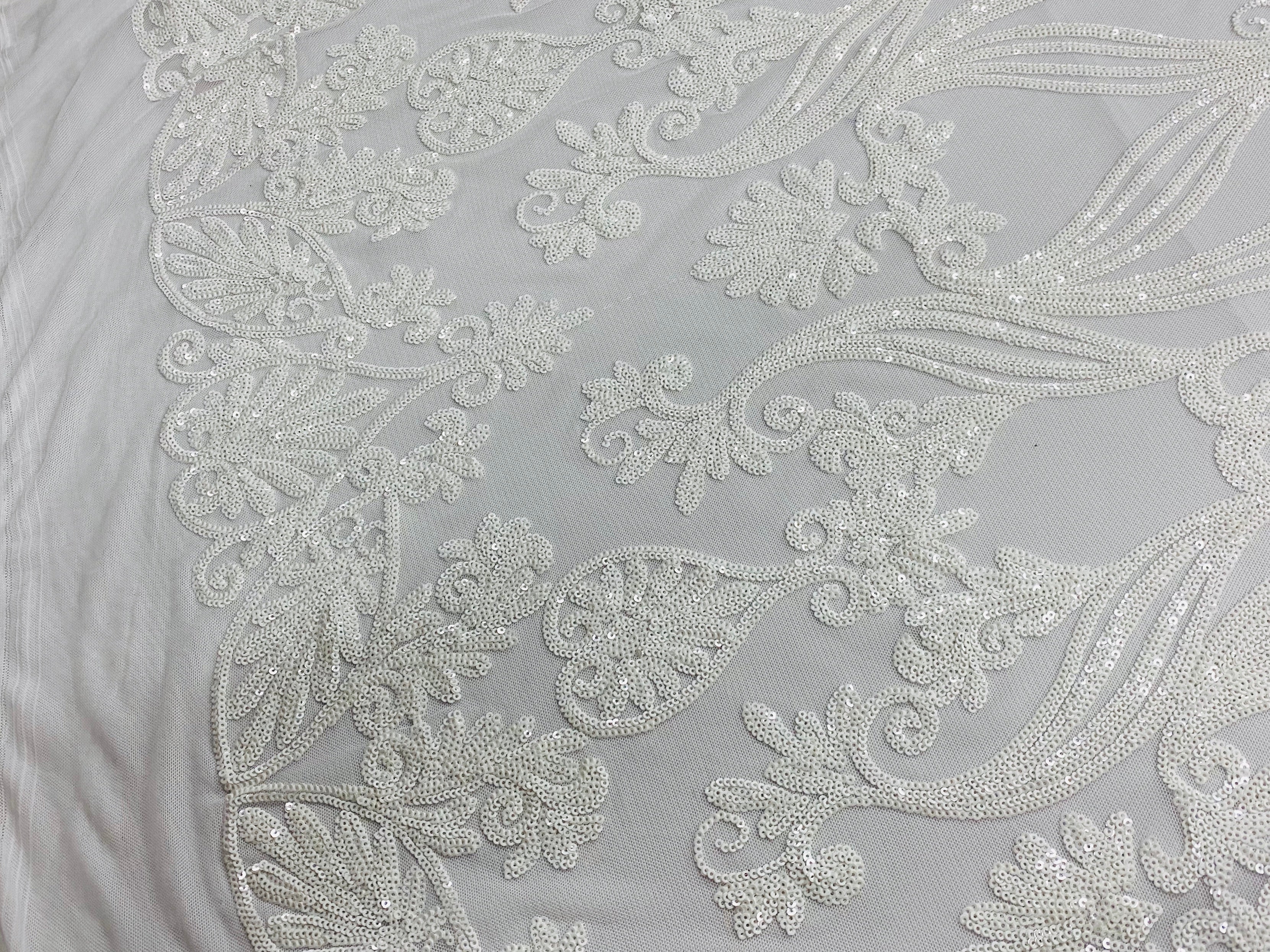 Damask Hearts Sequins - White - 4 Way Stretch Design Fancy Heart Shape Fabric On Mesh