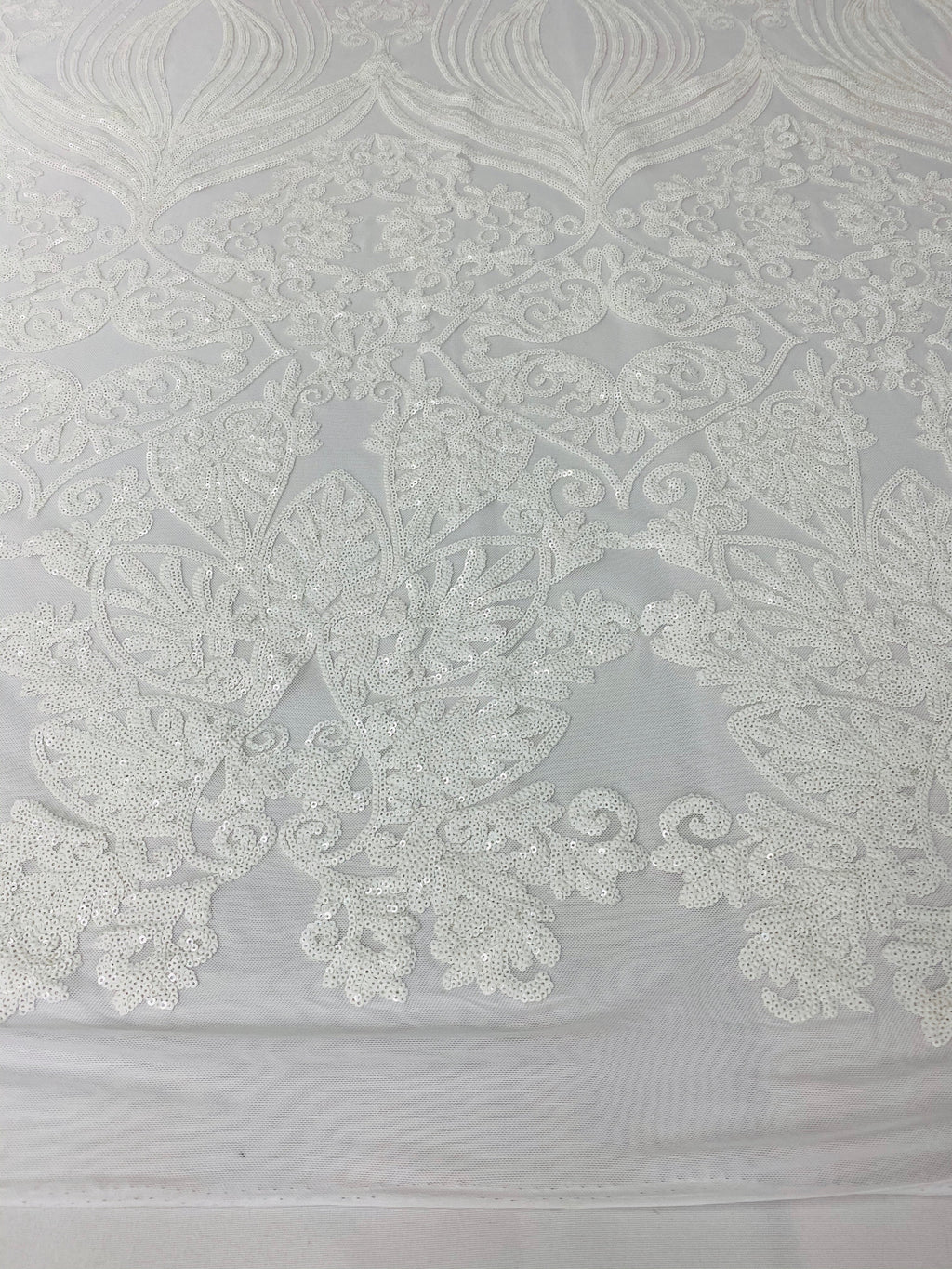 Damask Hearts Sequins - White - 4 Way Stretch Design Fancy Heart Shape Fabric On Mesh