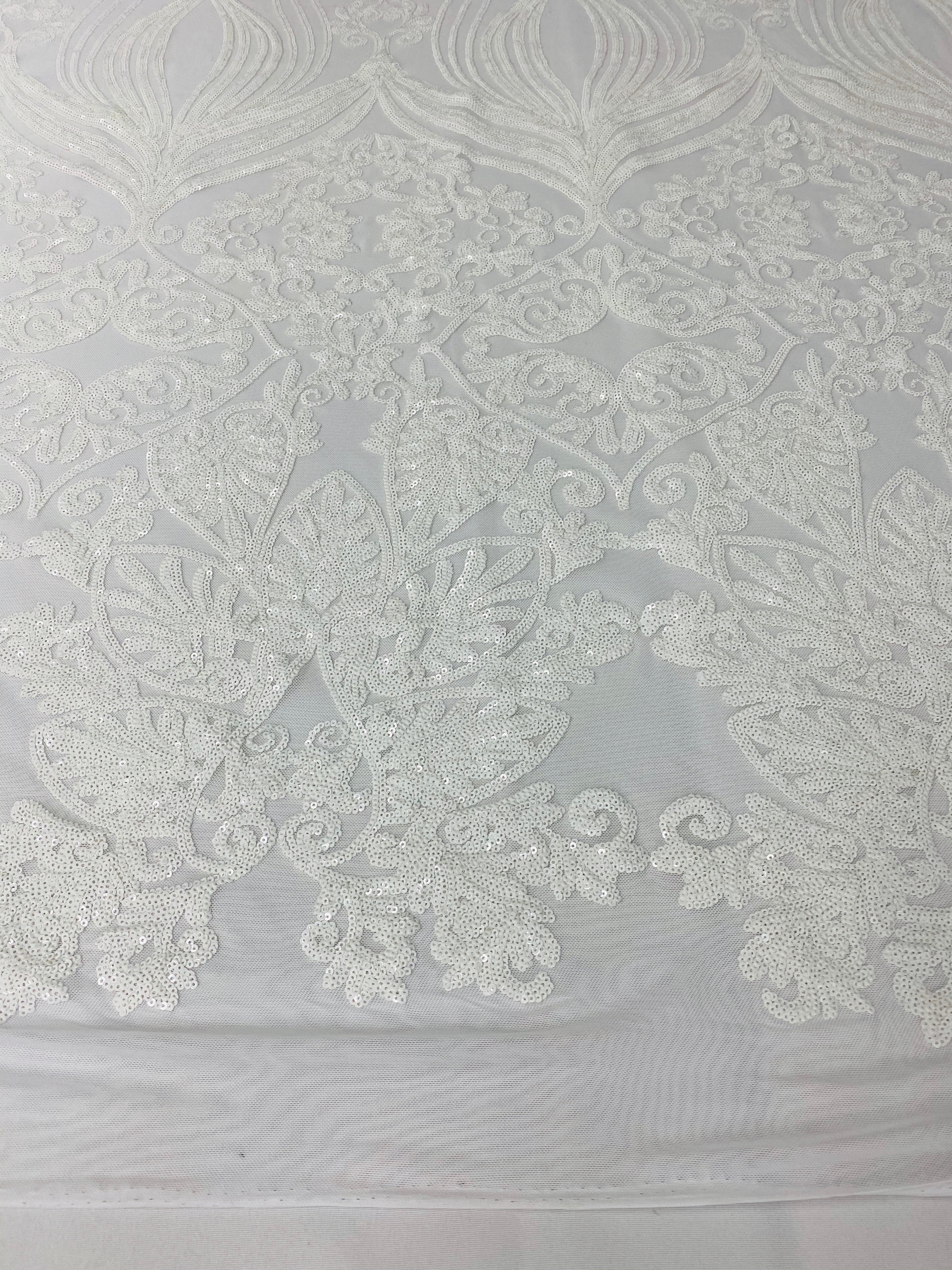 Damask Hearts Sequins - White - 4 Way Stretch Design Fancy Heart Shape Fabric On Mesh
