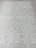 Damask Hearts Sequins - White - 4 Way Stretch Design Fancy Heart Shape Fabric On Mesh
