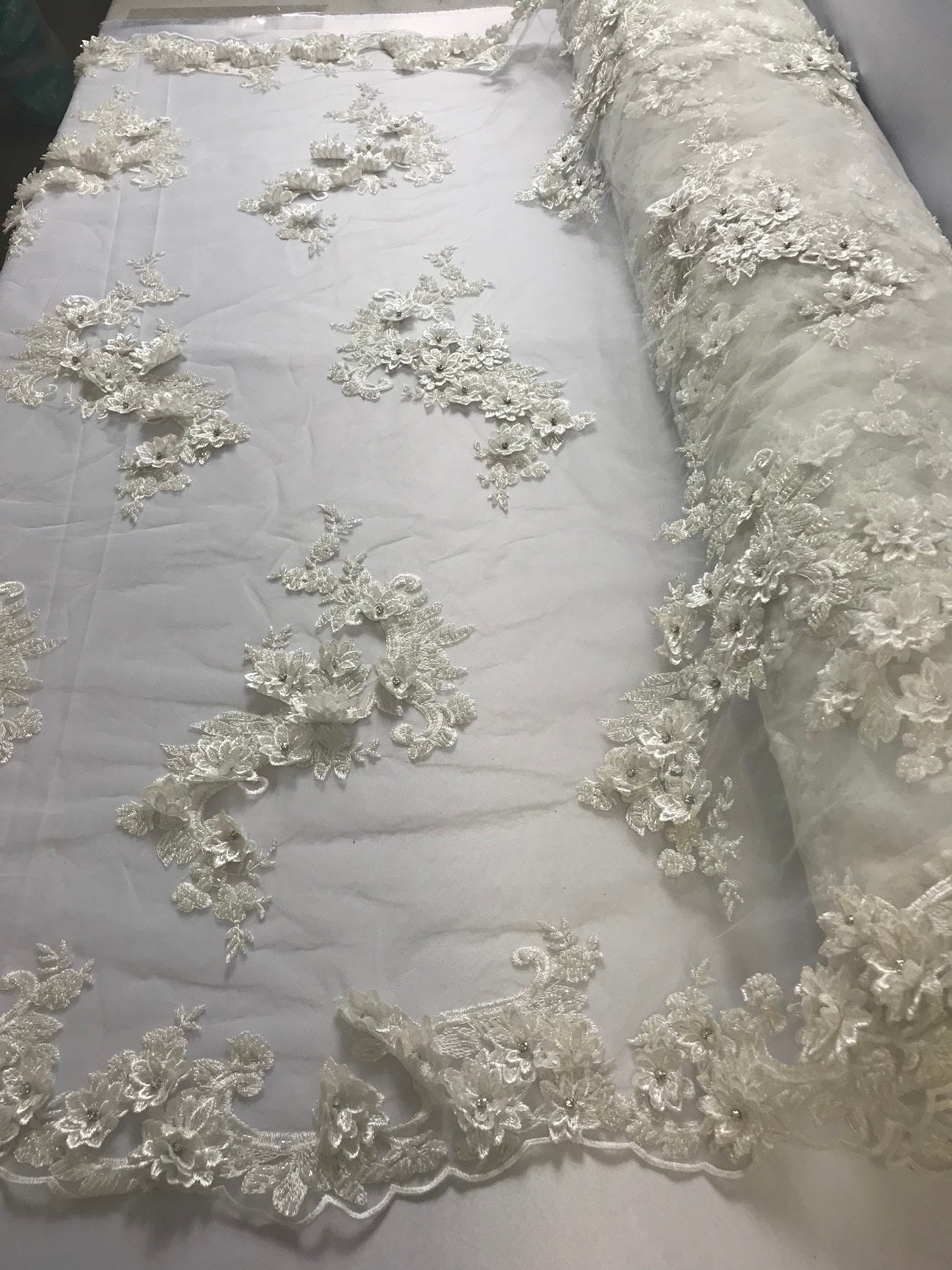 Floral - Off-White - 3D Beaded Embroidery Fabric with Rhinestones - Beautiful Design by The Yard