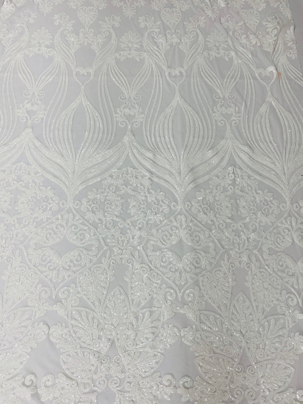 Damask Hearts Sequins - White - 4 Way Stretch Design Fancy Heart Shape Fabric On Mesh