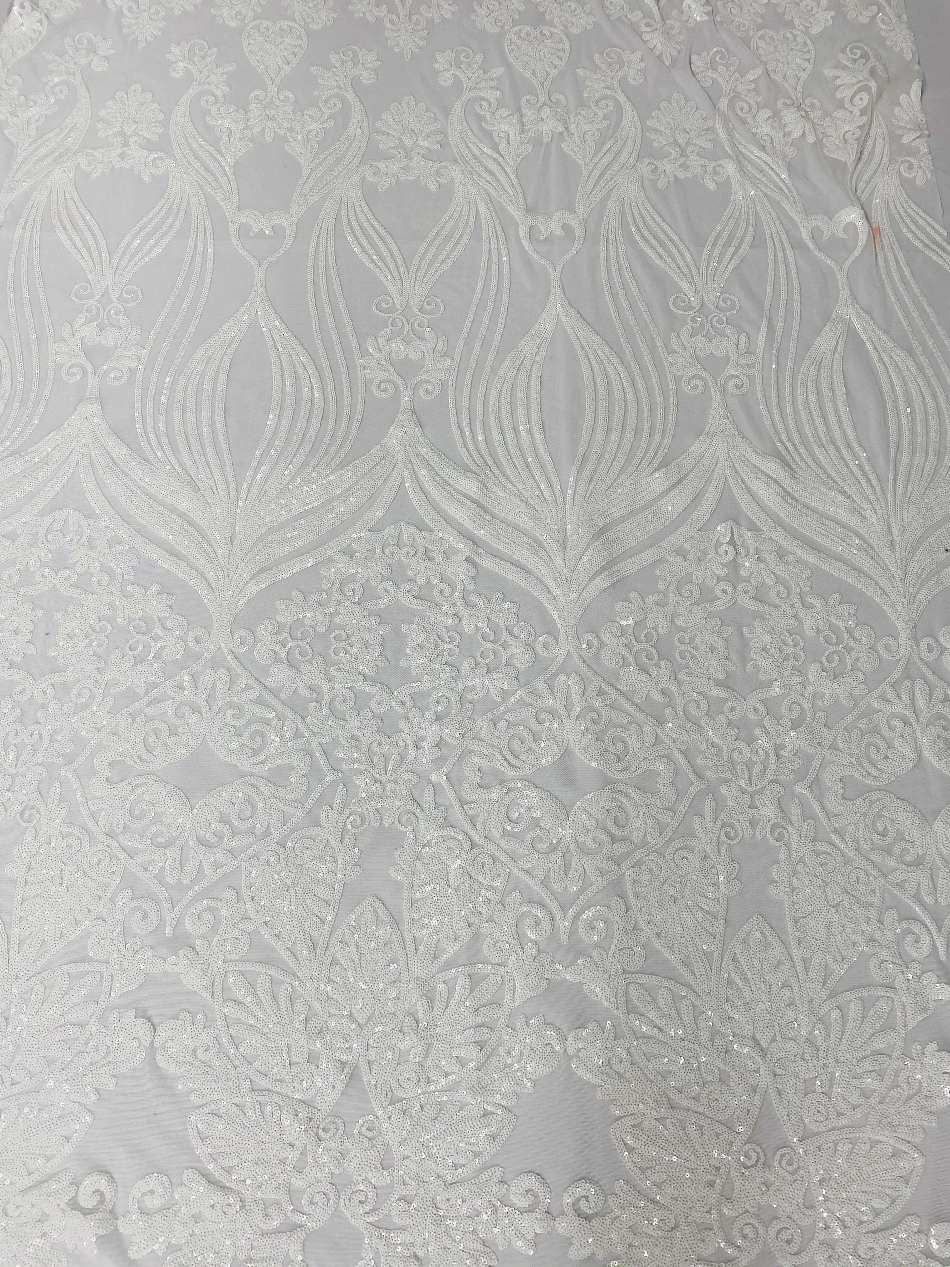 Damask Hearts Sequins - White - 4 Way Stretch Design Fancy Heart Shape Fabric On Mesh