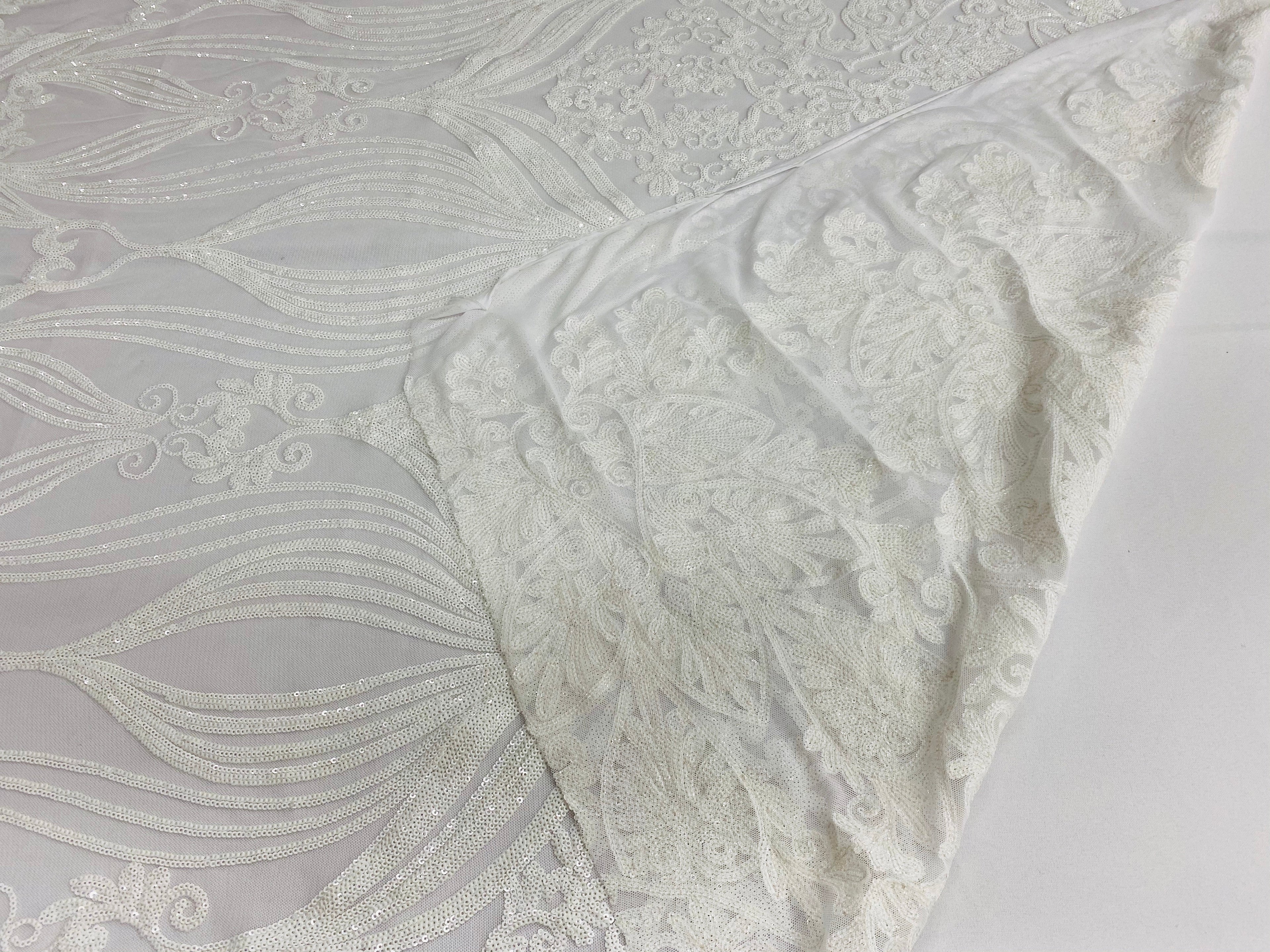 Damask Hearts Sequins - White - 4 Way Stretch Design Fancy Heart Shape Fabric On Mesh