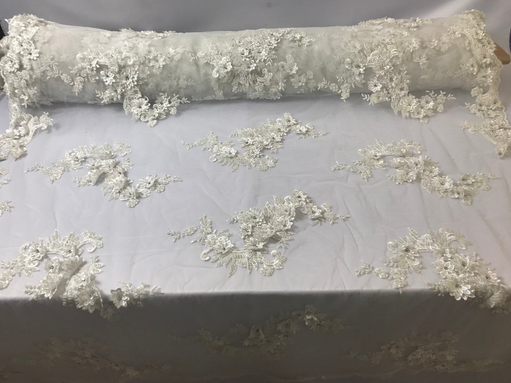 Floral - Off-White - 3D Beaded Embroidery Fabric with Rhinestones - Beautiful Design by The Yard
