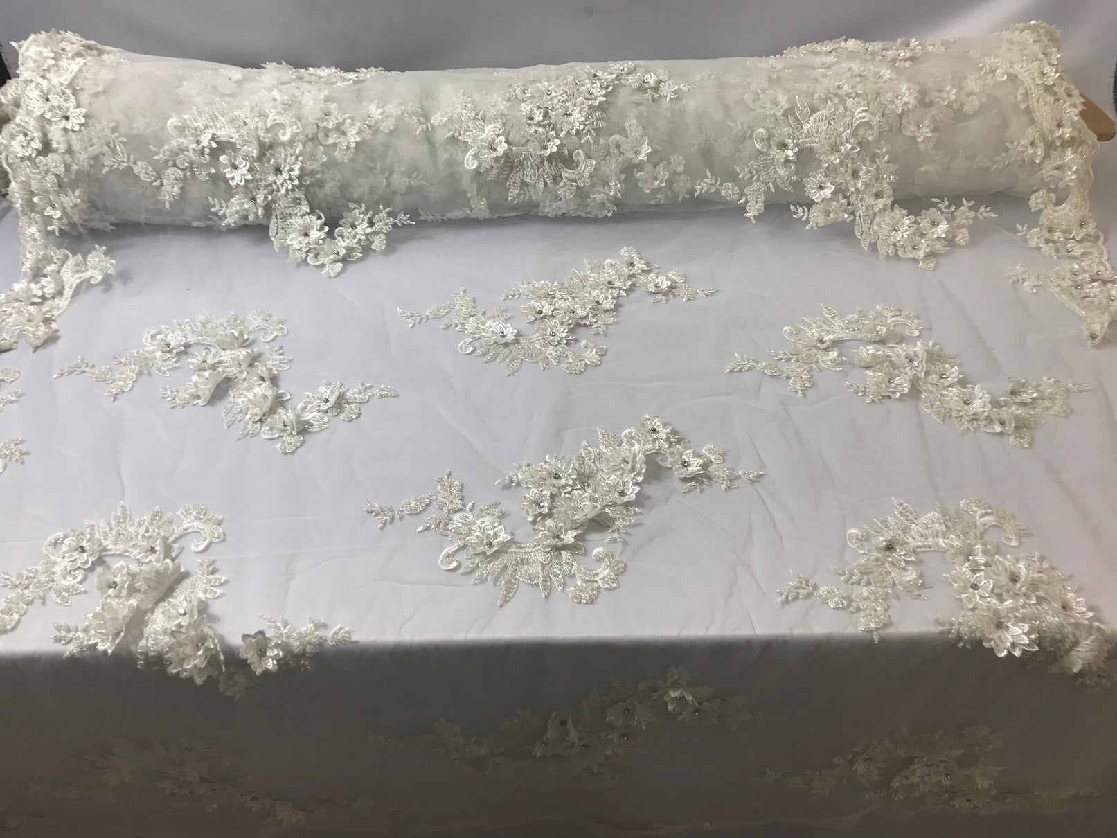 Floral - Off-White - 3D Beaded Embroidery Fabric with Rhinestones - Beautiful Design by The Yard