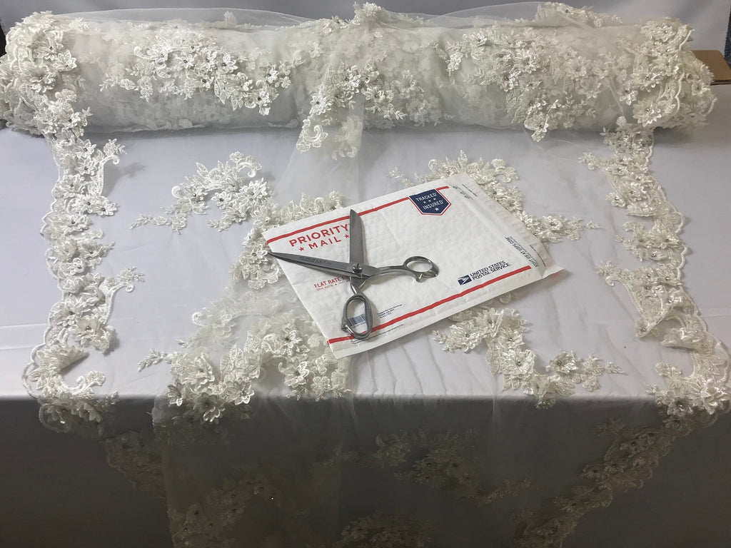 Floral - Off-White - 3D Beaded Embroidery Fabric with Rhinestones - Beautiful Design by The Yard