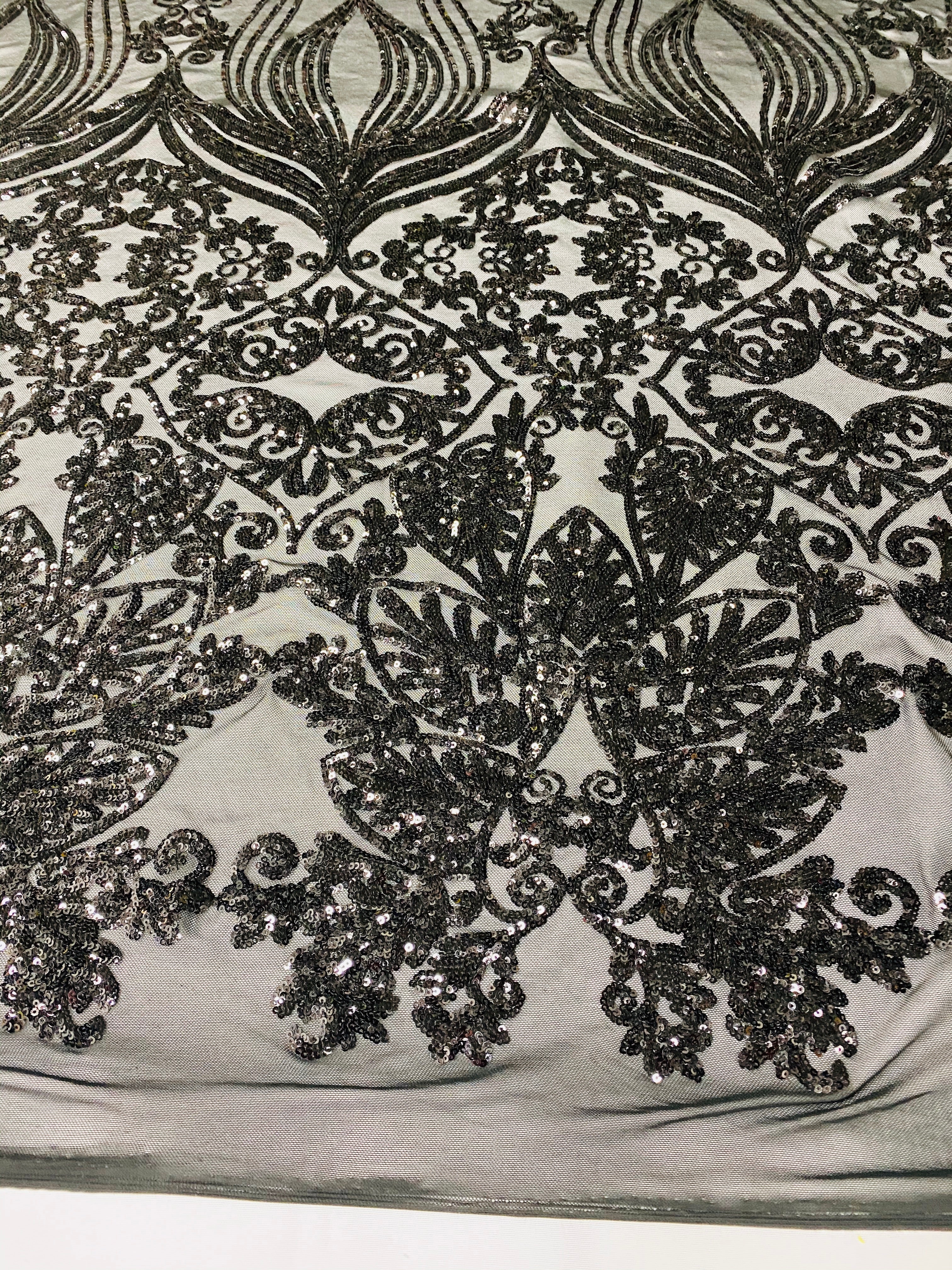 Damask Hearts Sequins - Black - 4 Way Stretch Design Fancy Heart Shape Fabric On Mesh