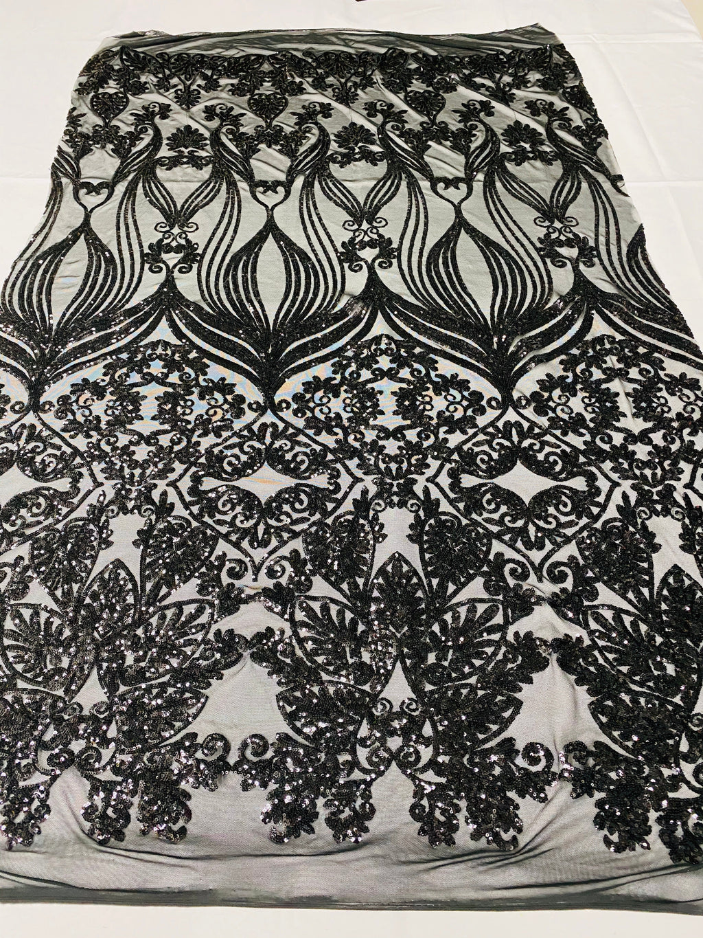 Damask Hearts Sequins - Black - 4 Way Stretch Design Fancy Heart Shape Fabric On Mesh