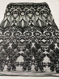 Damask Hearts Sequins - Black - 4 Way Stretch Design Fancy Heart Shape Fabric On Mesh