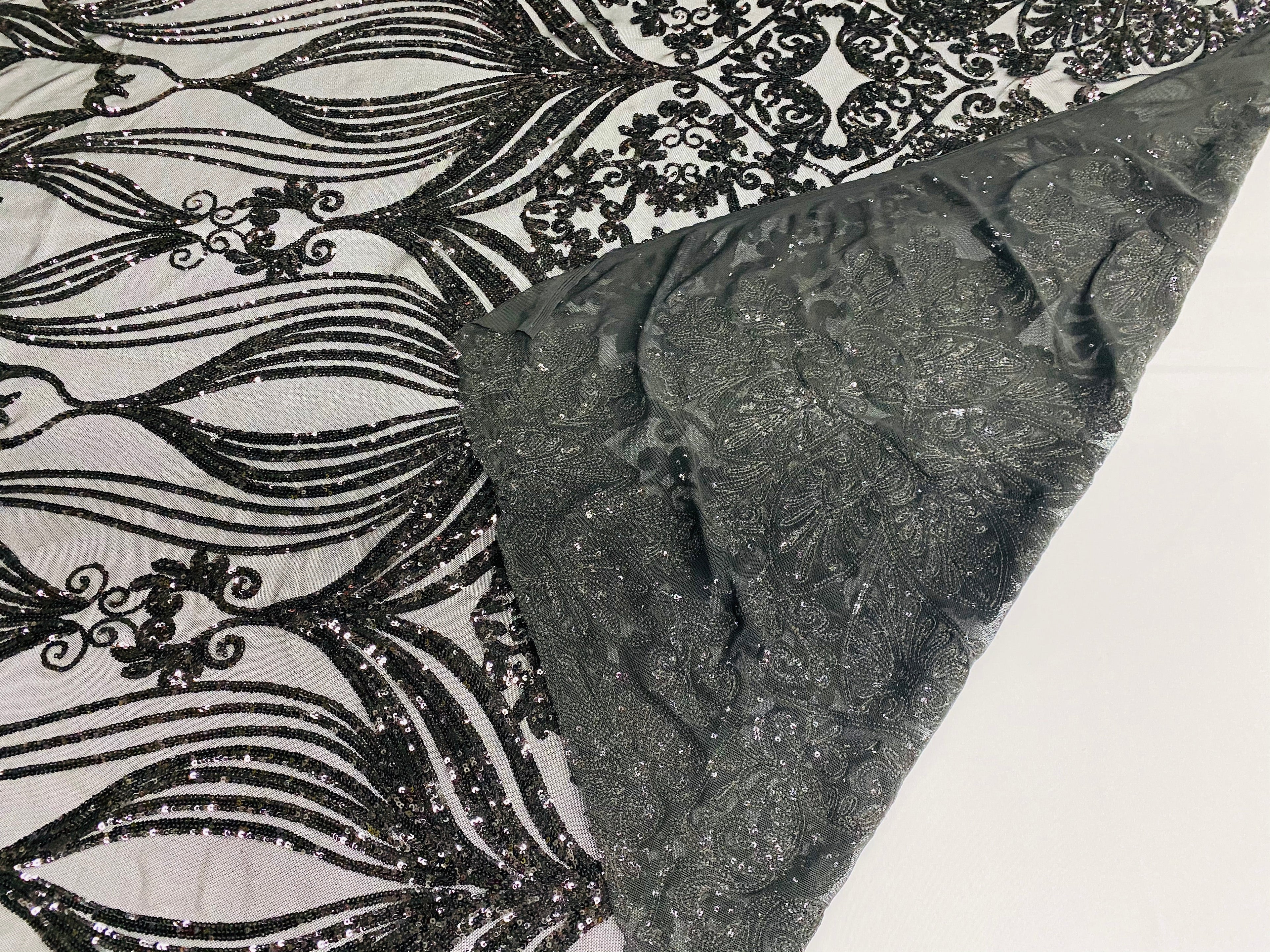 Damask Hearts Sequins - Black - 4 Way Stretch Design Fancy Heart Shape Fabric On Mesh