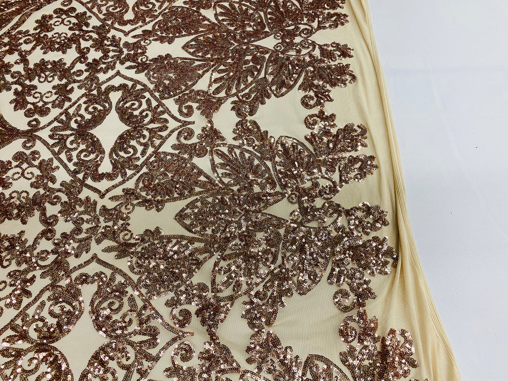Damask Hearts Sequins - Rose Gold - 4 Way Stretch Design Fancy Heart Shape Fabric On Mesh