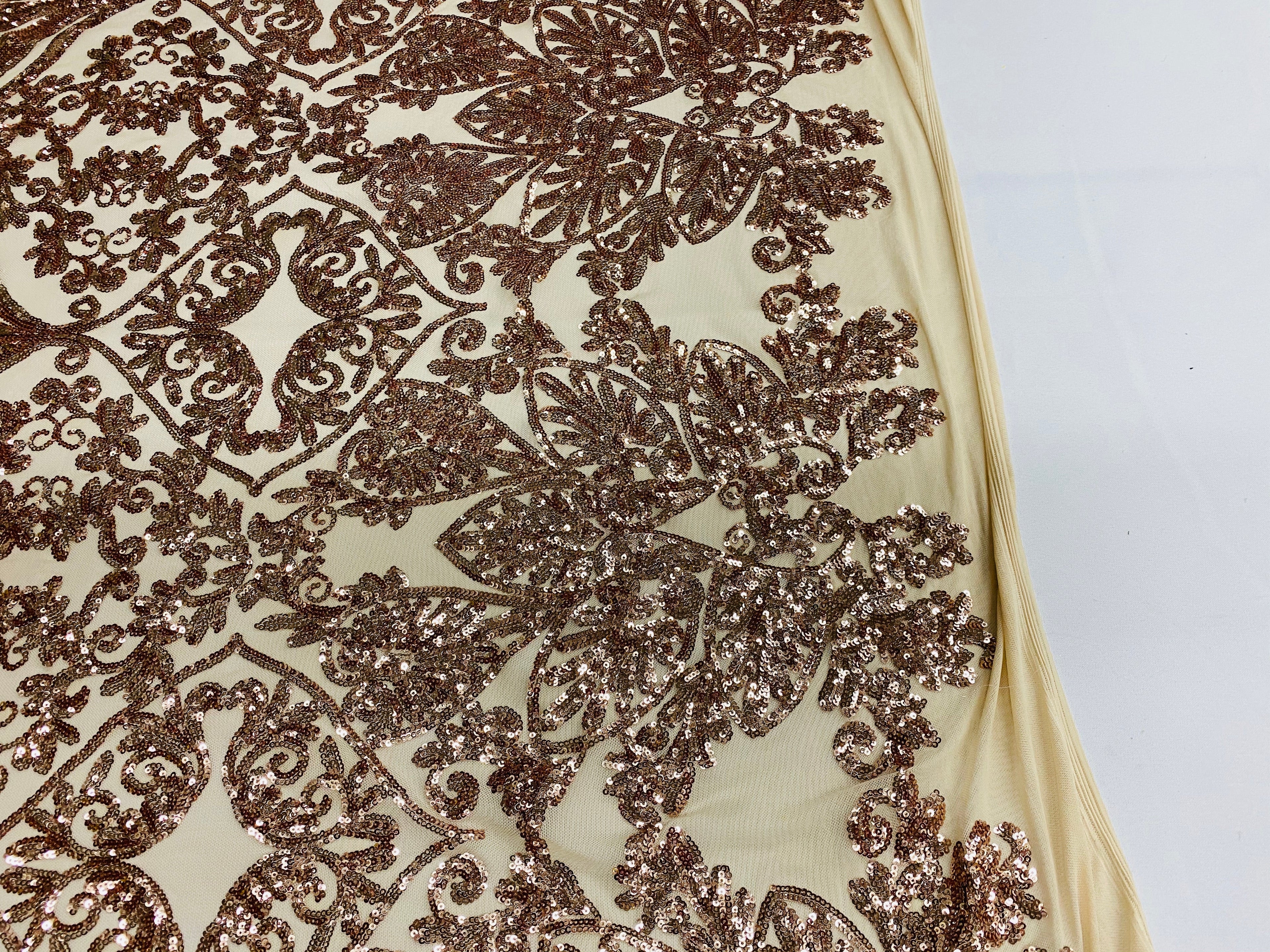 Damask Hearts Sequins - Rose Gold - 4 Way Stretch Design Fancy Heart Shape Fabric On Mesh