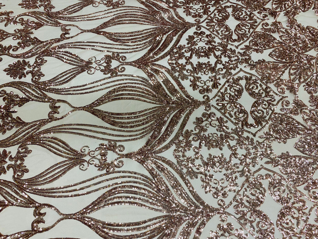 Damask Hearts Sequins - Rose Gold - 4 Way Stretch Design Fancy Heart Shape Fabric On Mesh