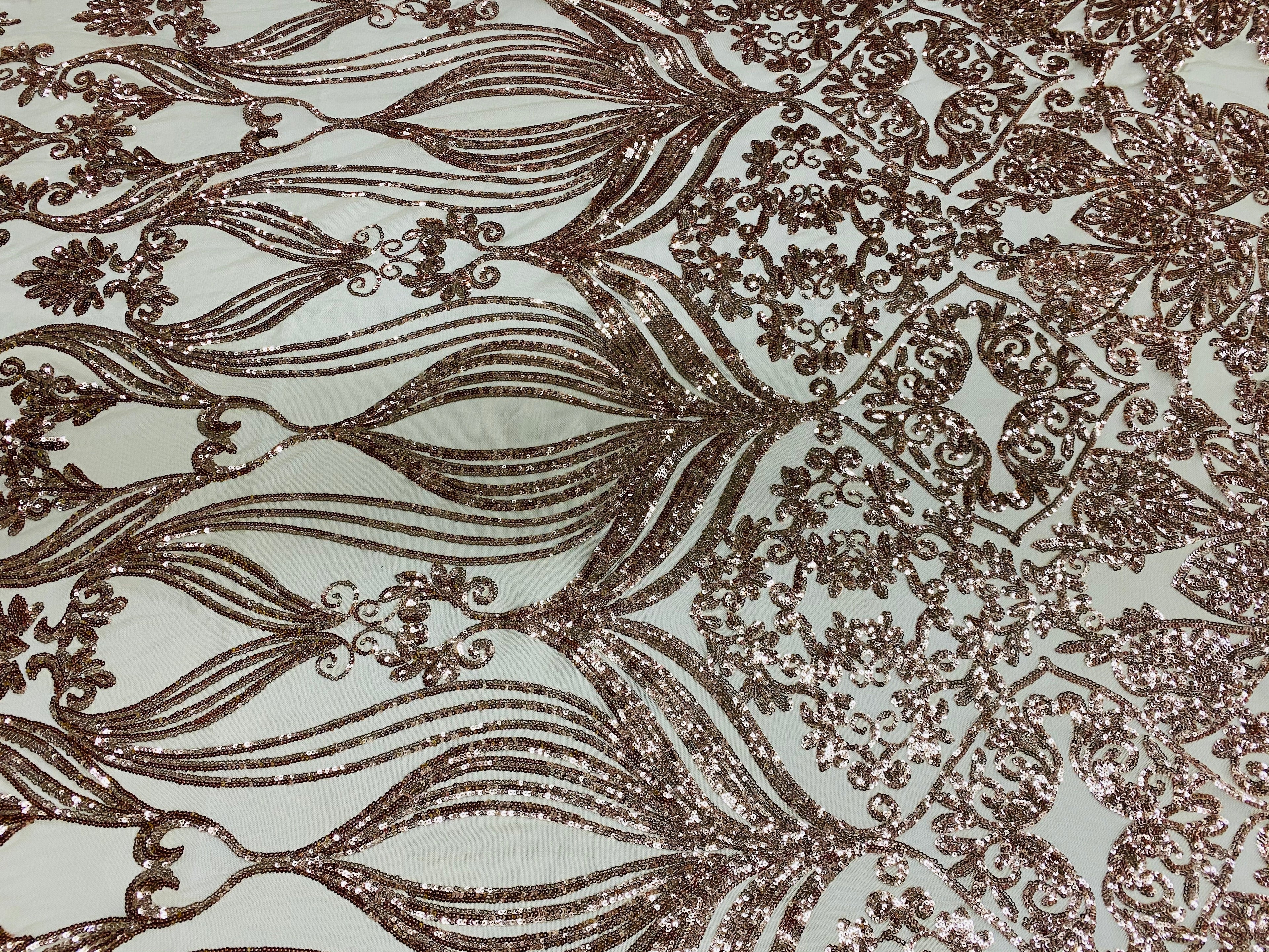 Damask Hearts Sequins - Rose Gold - 4 Way Stretch Design Fancy Heart Shape Fabric On Mesh