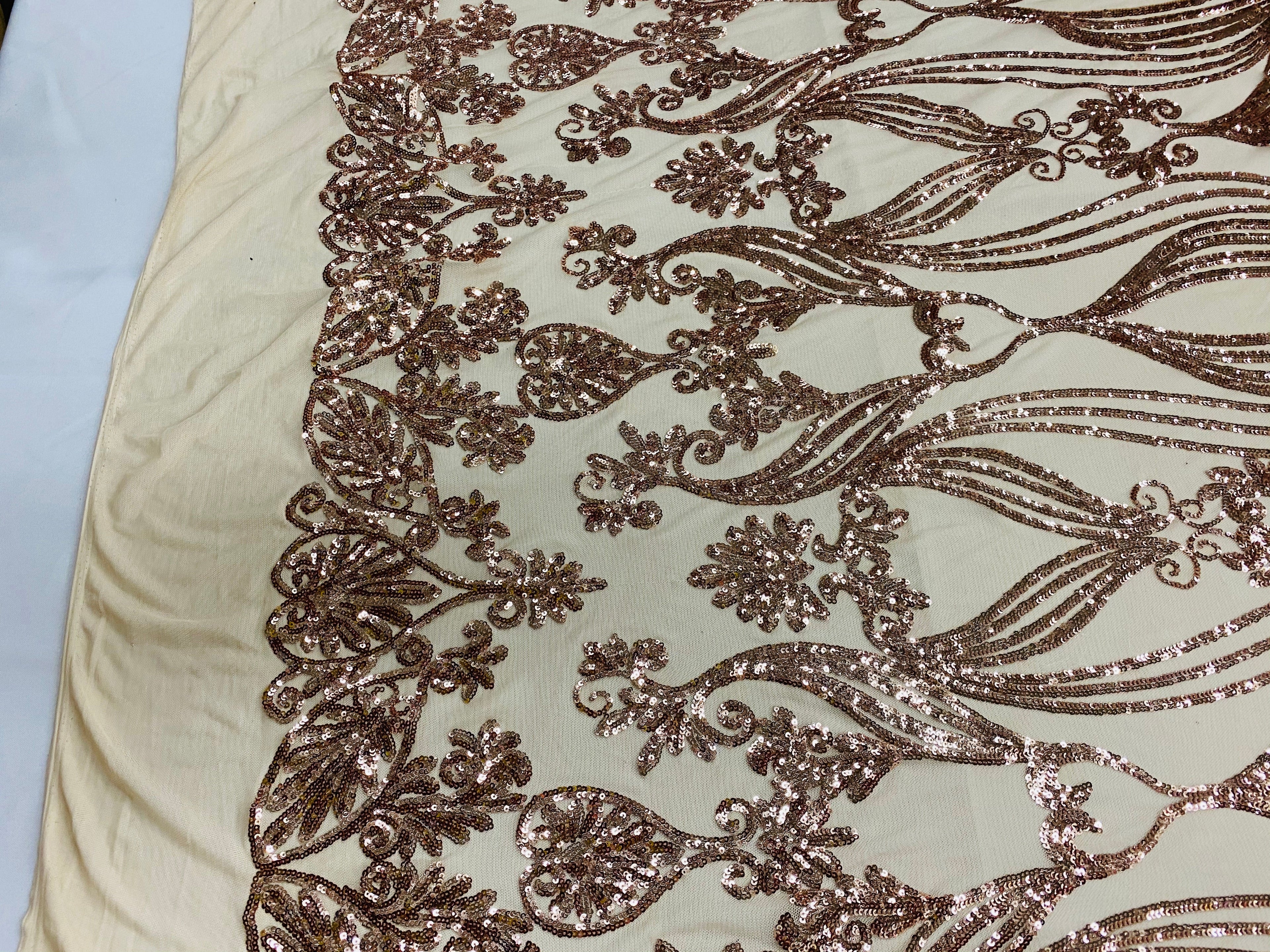 Damask Hearts Sequins - Rose Gold - 4 Way Stretch Design Fancy Heart Shape Fabric On Mesh
