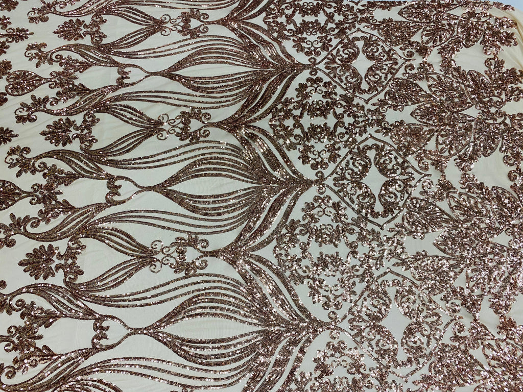 Damask Hearts Sequins - Rose Gold - 4 Way Stretch Design Fancy Heart Shape Fabric On Mesh