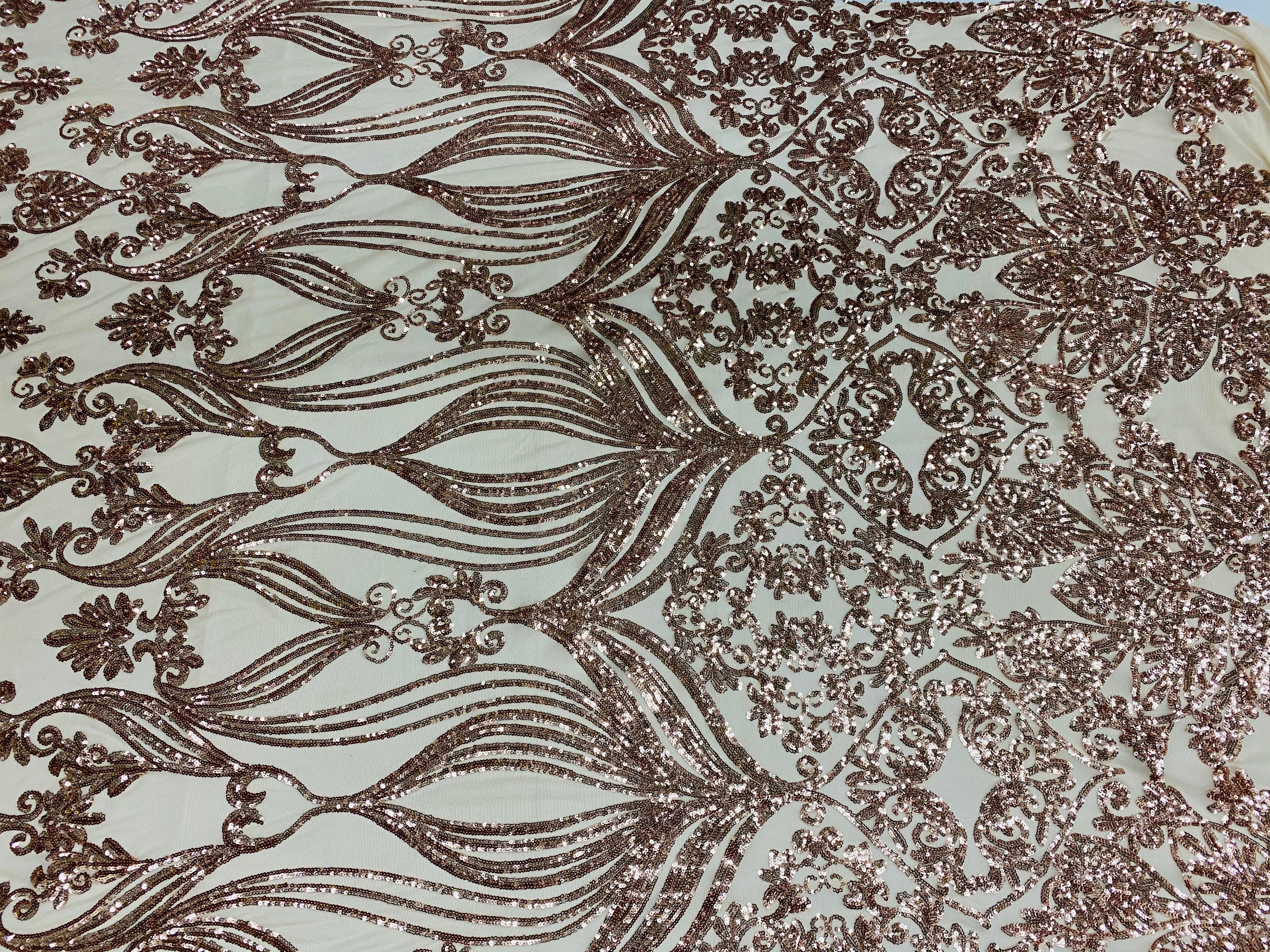 Damask Hearts Sequins - Rose Gold - 4 Way Stretch Design Fancy Heart Shape Fabric On Mesh