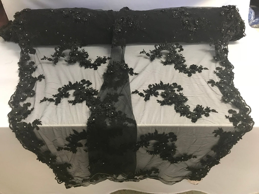 Floral - Black - 3D Beaded Embroidery Fabric with Rhinestones - Beautiful Design by The Yard