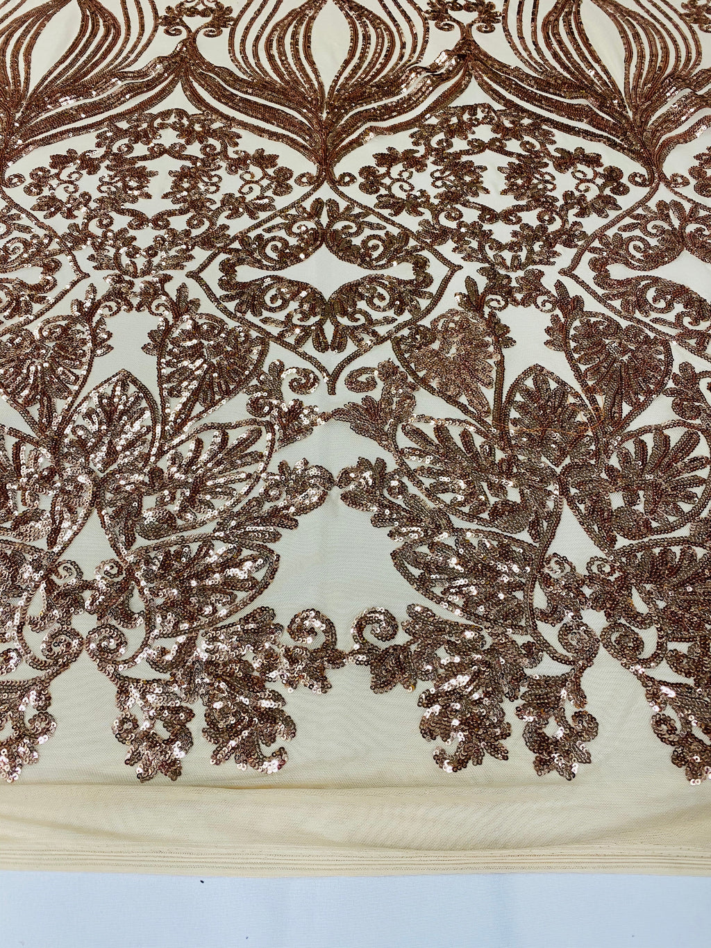 Damask Hearts Sequins - Rose Gold - 4 Way Stretch Design Fancy Heart Shape Fabric On Mesh