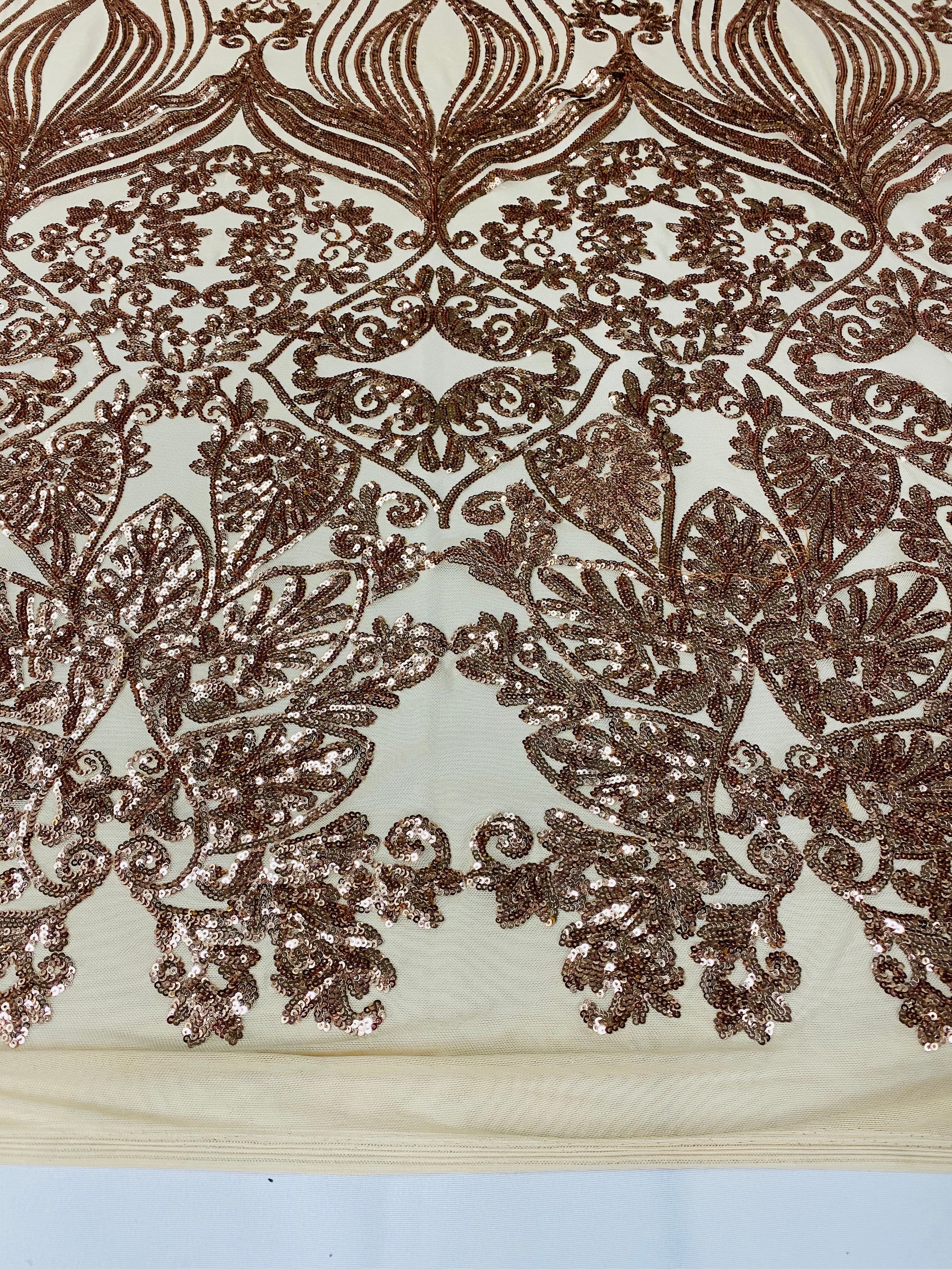 Damask Hearts Sequins - Rose Gold - 4 Way Stretch Design Fancy Heart Shape Fabric On Mesh