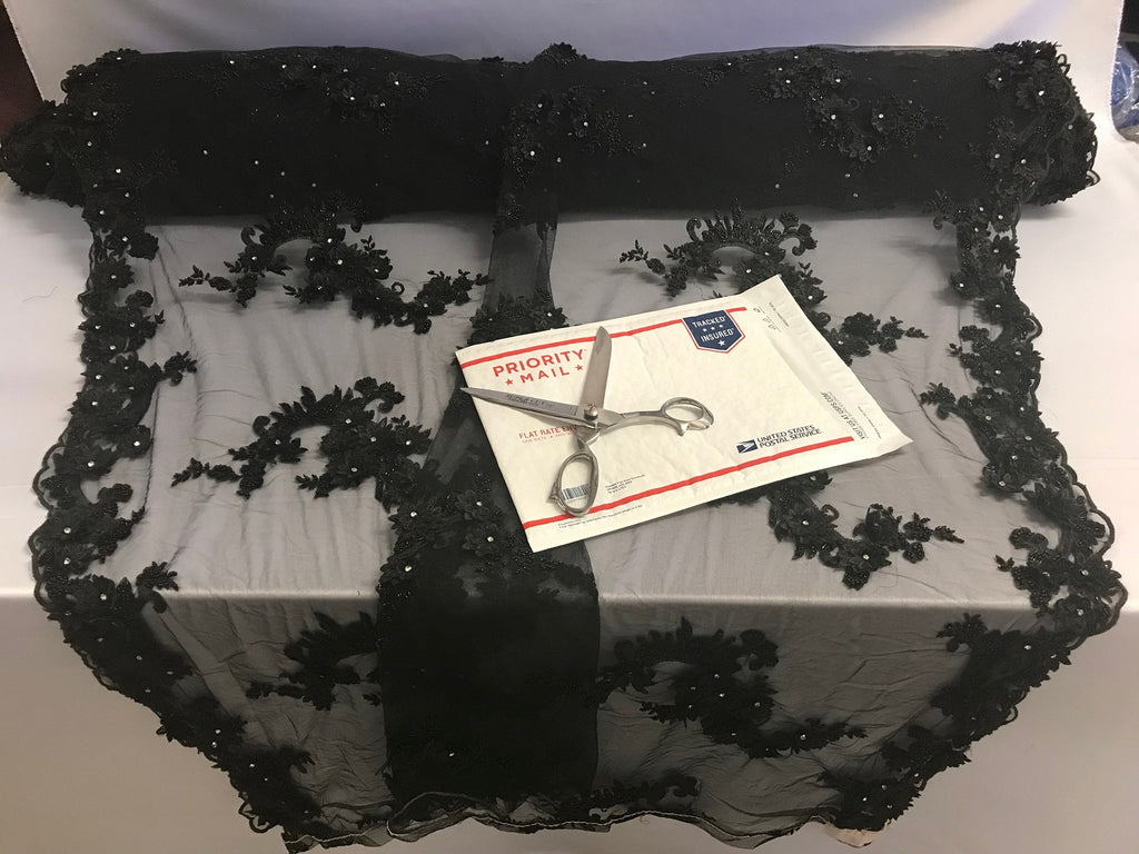 Floral - Black - 3D Beaded Embroidery Fabric with Rhinestones - Beautiful Design by The Yard