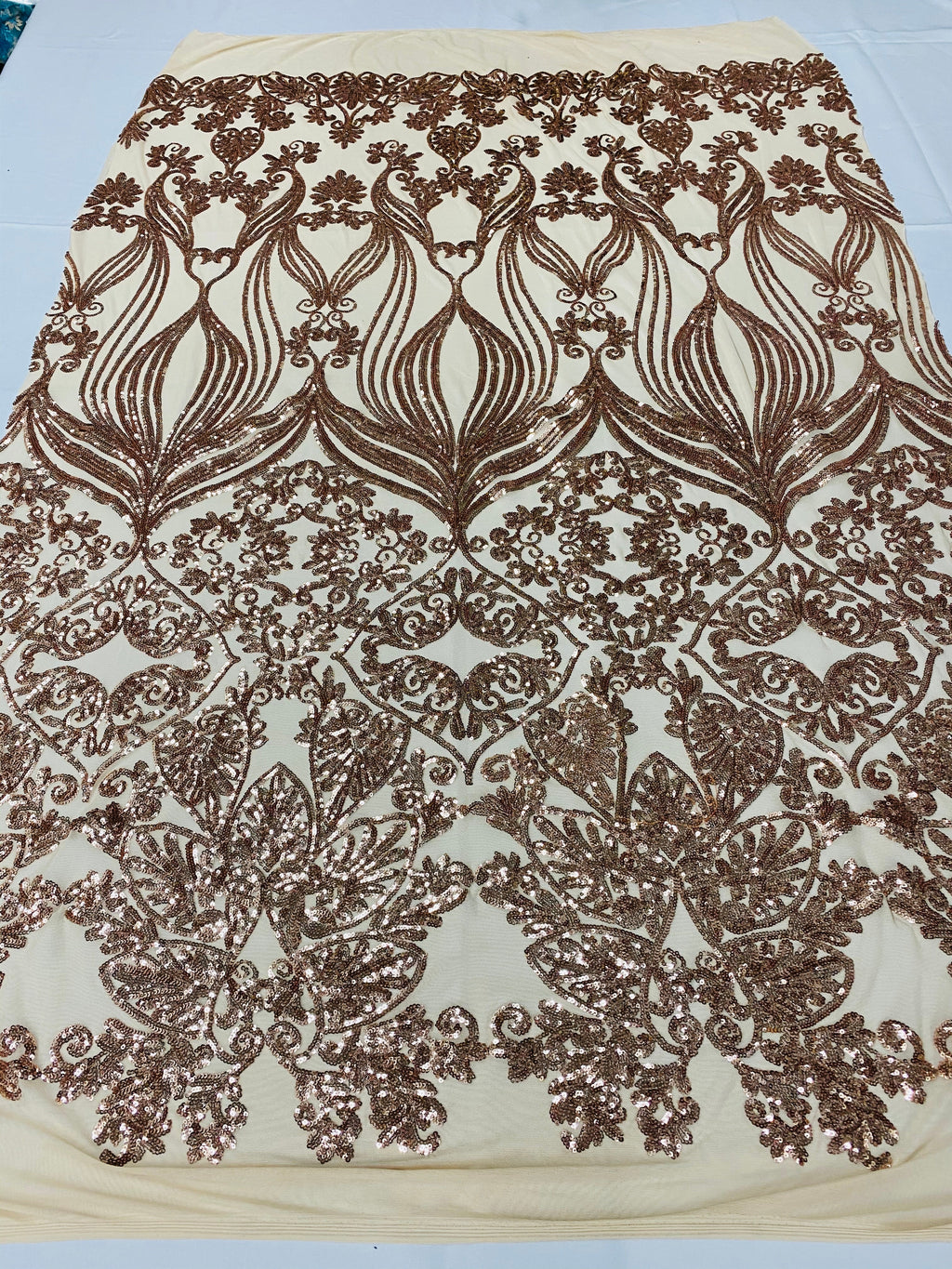 Damask Hearts Sequins - Rose Gold - 4 Way Stretch Design Fancy Heart Shape Fabric On Mesh