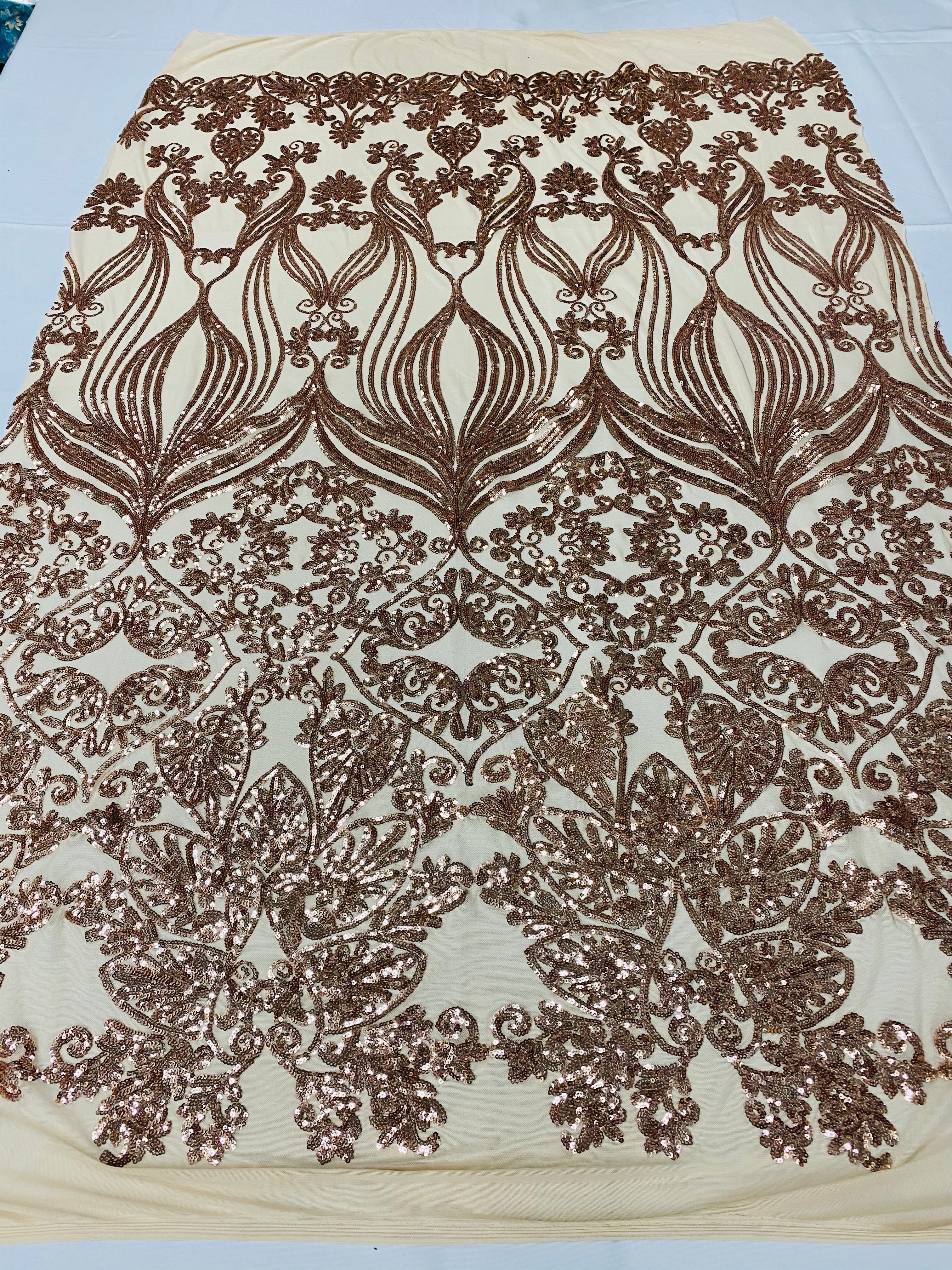 Damask Hearts Sequins - Rose Gold - 4 Way Stretch Design Fancy Heart Shape Fabric On Mesh