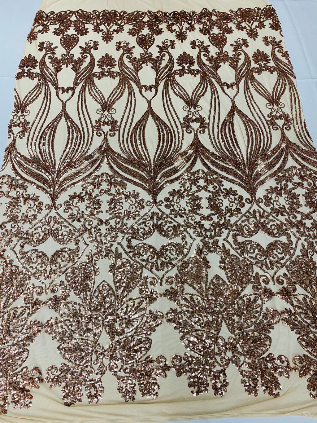 Damask Hearts Sequins - Rose Gold - 4 Way Stretch Design Fancy Heart Shape Fabric On Mesh