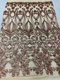 Damask Hearts Sequins - Rose Gold - 4 Way Stretch Design Fancy Heart Shape Fabric On Mesh
