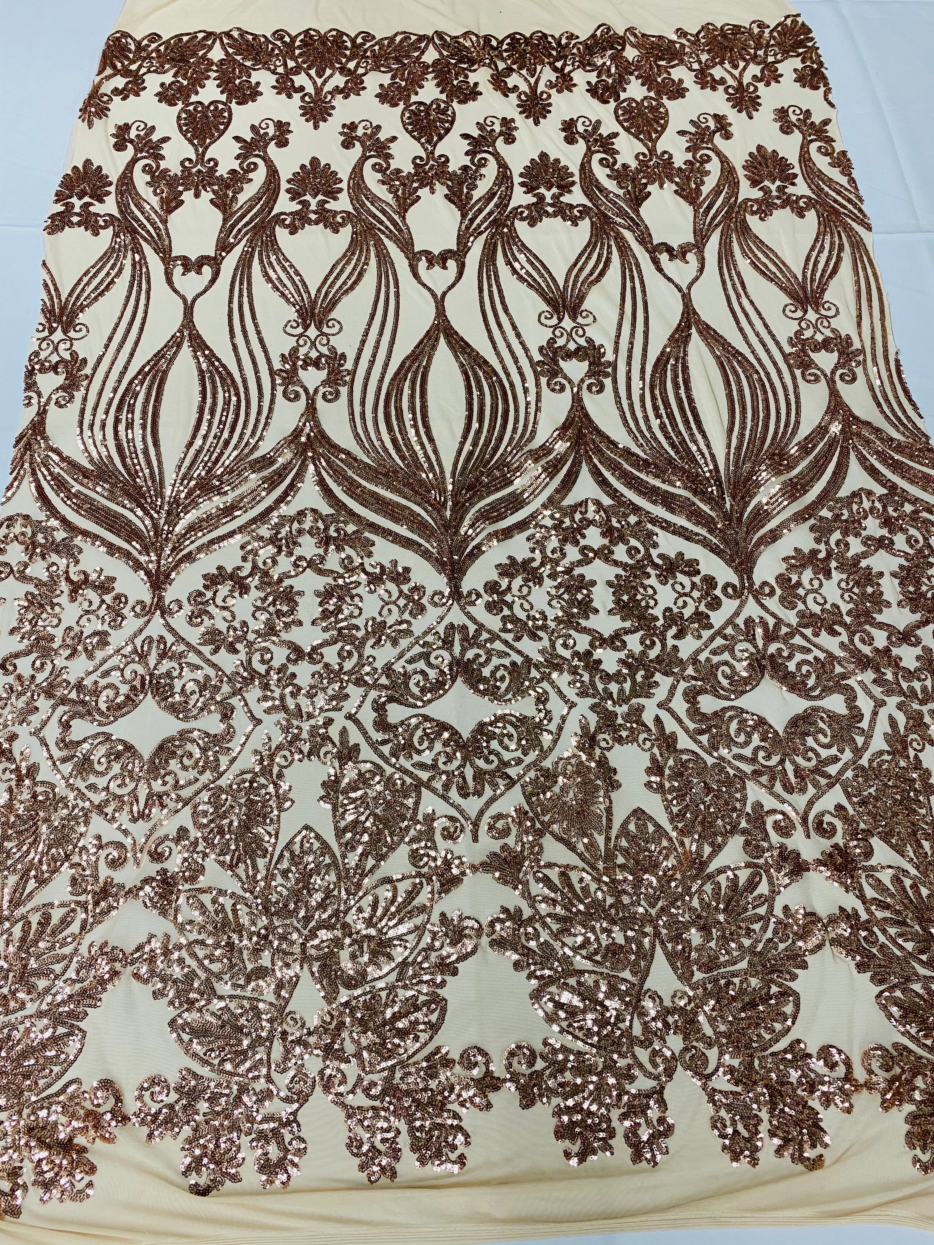 Damask Hearts Sequins - Rose Gold - 4 Way Stretch Design Fancy Heart Shape Fabric On Mesh