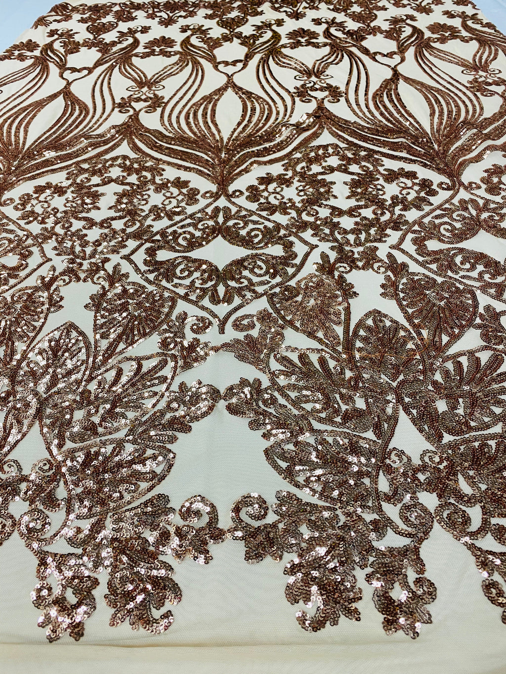 Damask Hearts Sequins - Rose Gold - 4 Way Stretch Design Fancy Heart Shape Fabric On Mesh