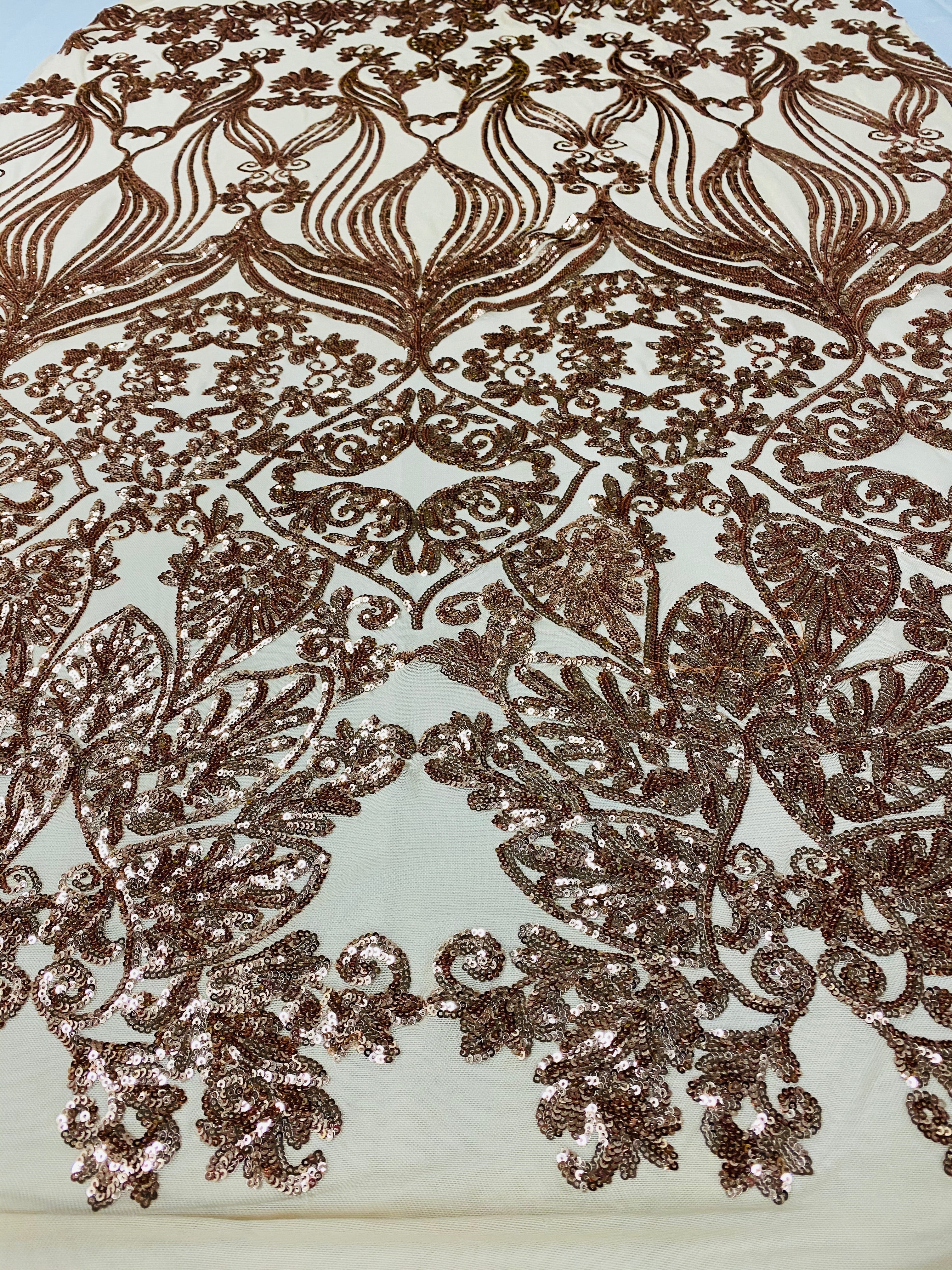 Damask Hearts Sequins - Rose Gold - 4 Way Stretch Design Fancy Heart Shape Fabric On Mesh