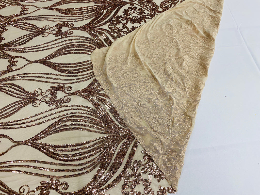 Damask Hearts Sequins - Rose Gold - 4 Way Stretch Design Fancy Heart Shape Fabric On Mesh