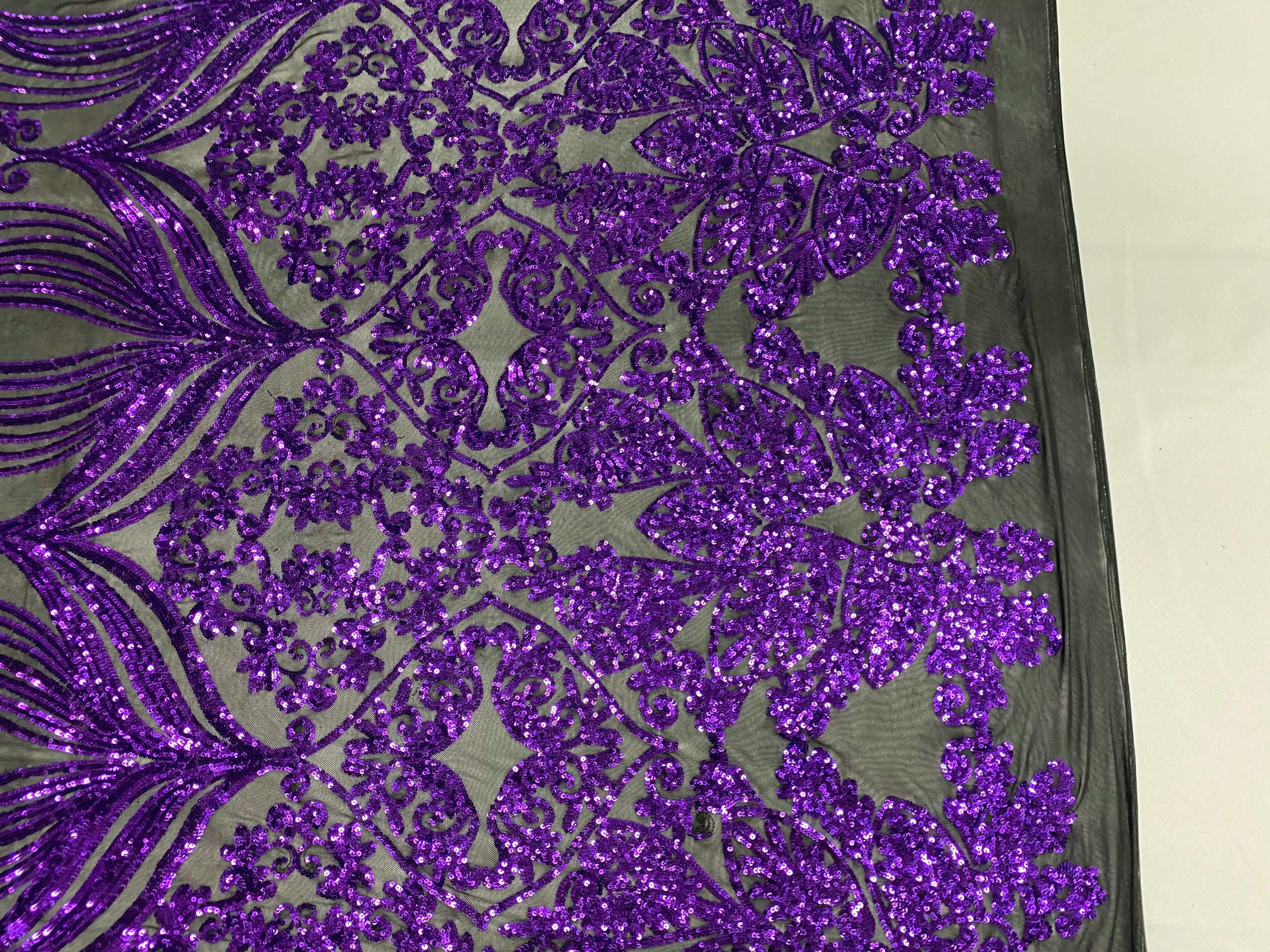 Damask Hearts Sequins - Purple on Black Mesh - 4 Way Stretch Design Fancy Fabric On Mesh