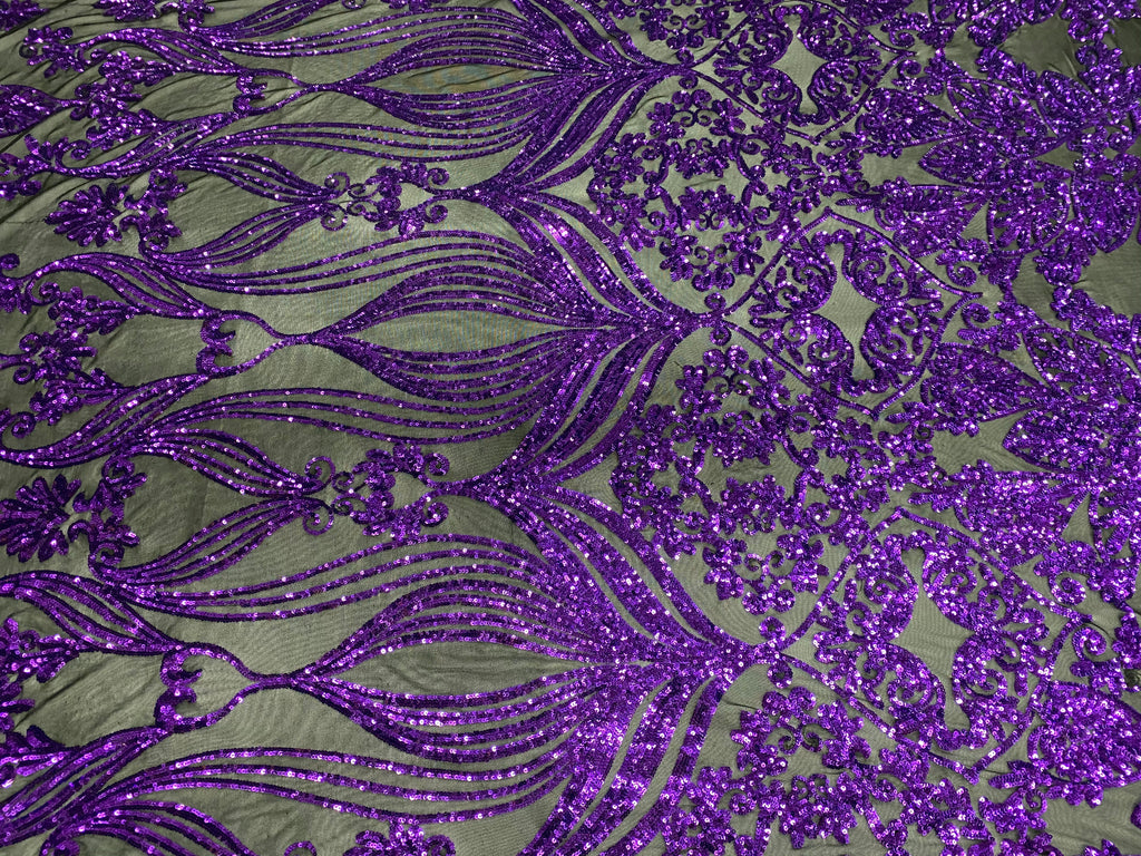Damask Hearts Sequins - Purple on Black Mesh - 4 Way Stretch Design Fancy Fabric On Mesh