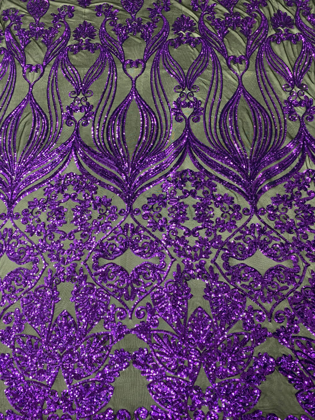 Damask Hearts Sequins - Purple on Black Mesh - 4 Way Stretch Design Fancy Fabric On Mesh