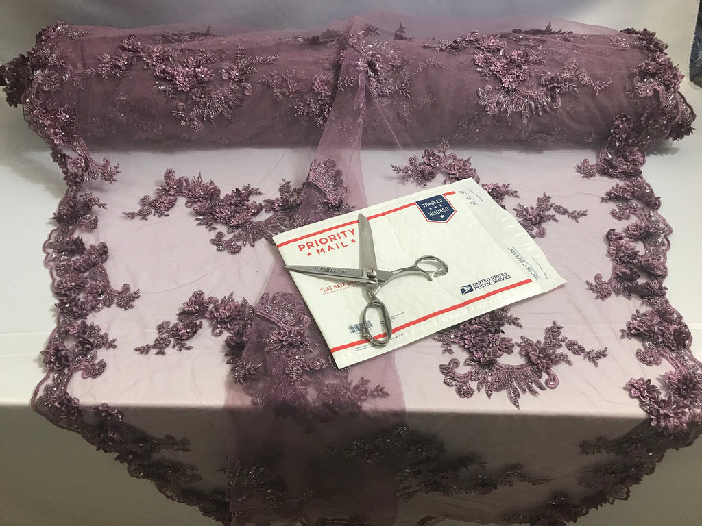 Floral - Mauve - 3D Beaded Embroidery Fabric with Rhinestones - Beautiful Design by The Yard