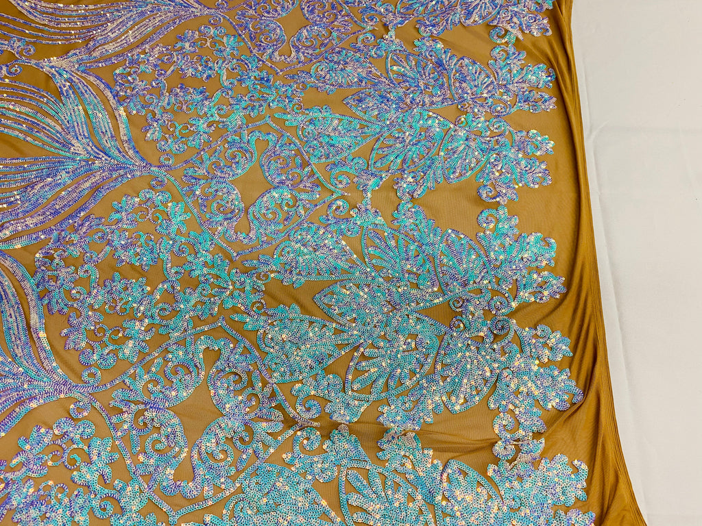 Damask Hearts Sequins - Iridescent Aqua - 4 Way Stretch Design Fancy Heart Shape Fabric On Mesh