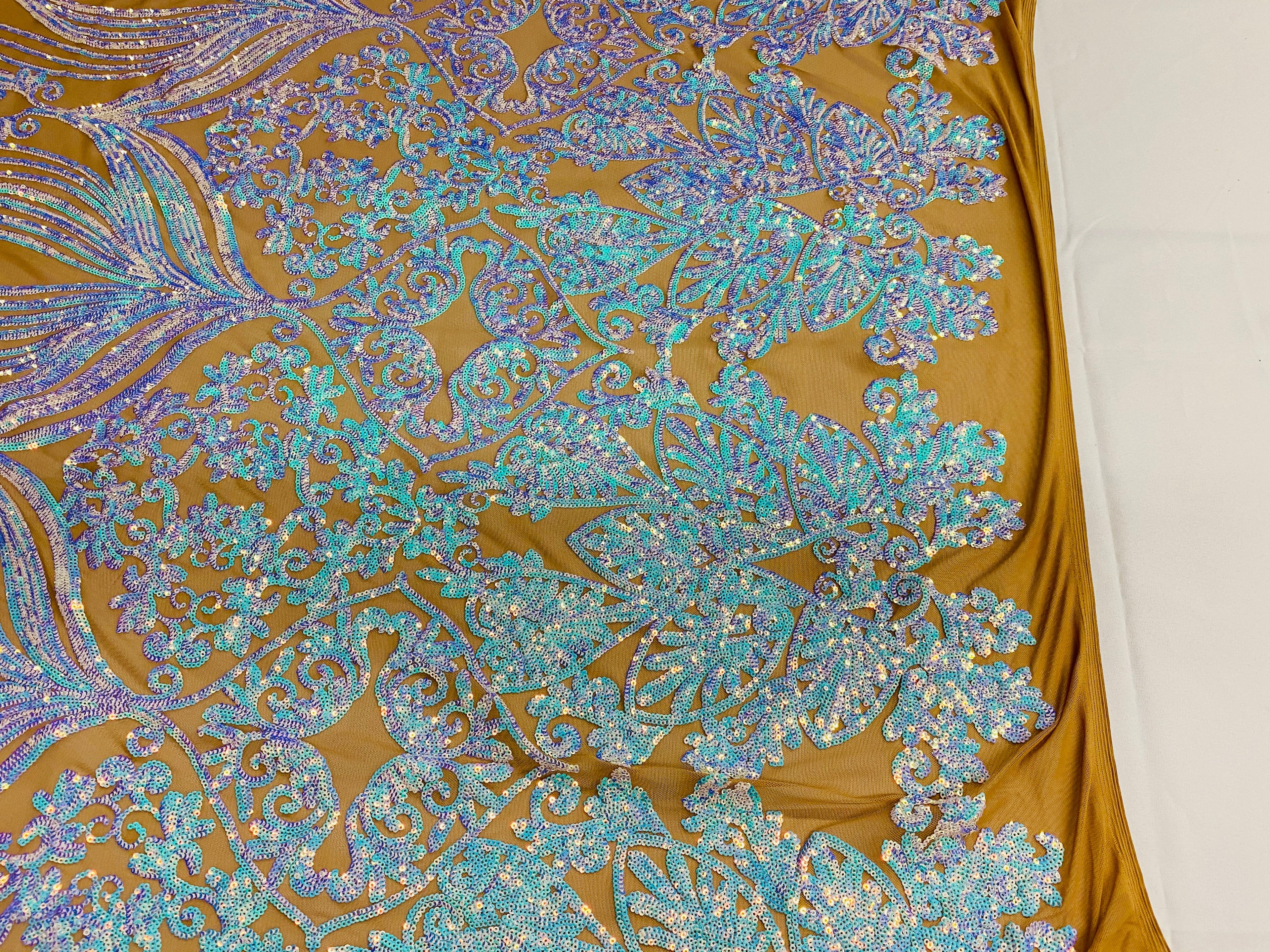 Damask Hearts Sequins - Iridescent Aqua - 4 Way Stretch Design Fancy Heart Shape Fabric On Mesh