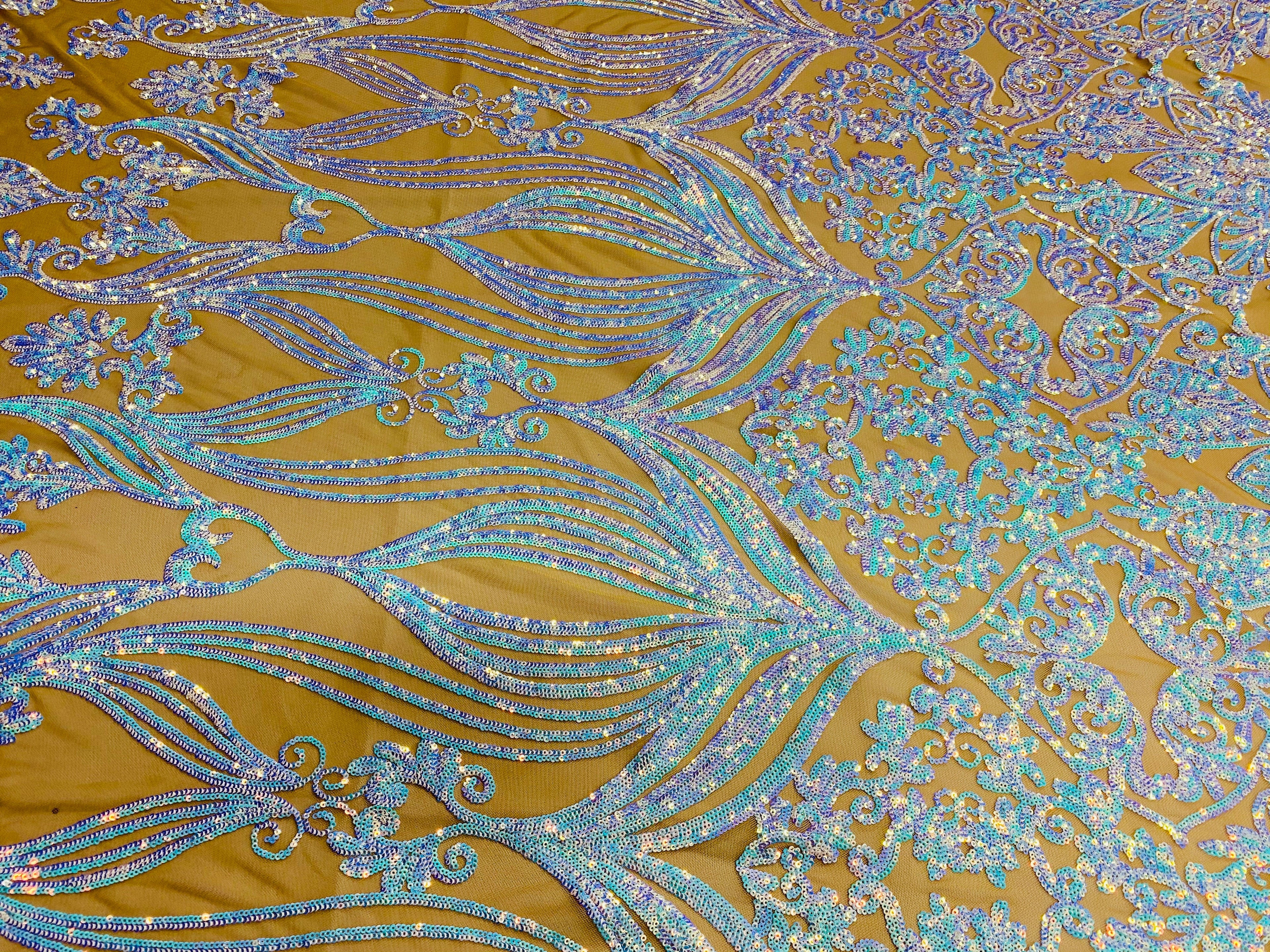 Damask Hearts Sequins - Iridescent Aqua - 4 Way Stretch Design Fancy Heart Shape Fabric On Mesh
