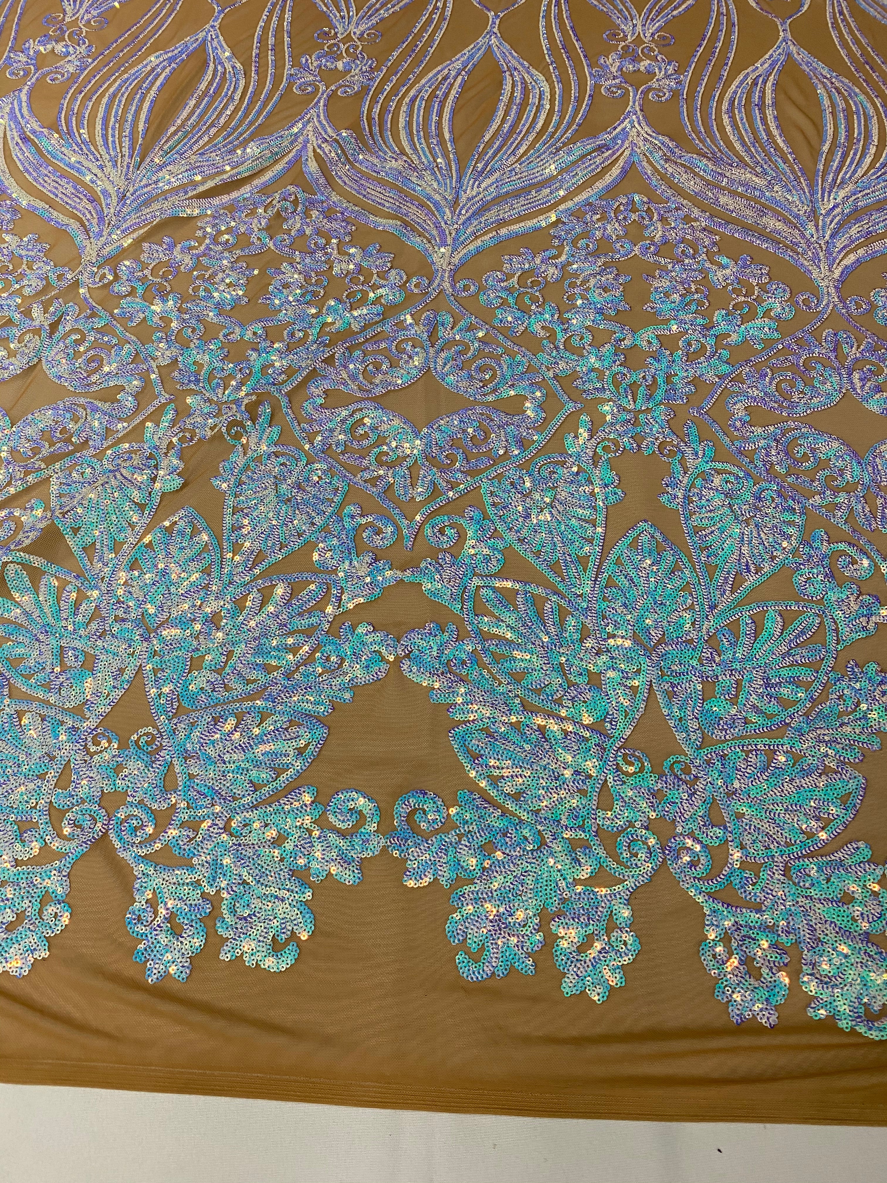Damask Hearts Sequins - Iridescent Aqua - 4 Way Stretch Design Fancy Heart Shape Fabric On Mesh
